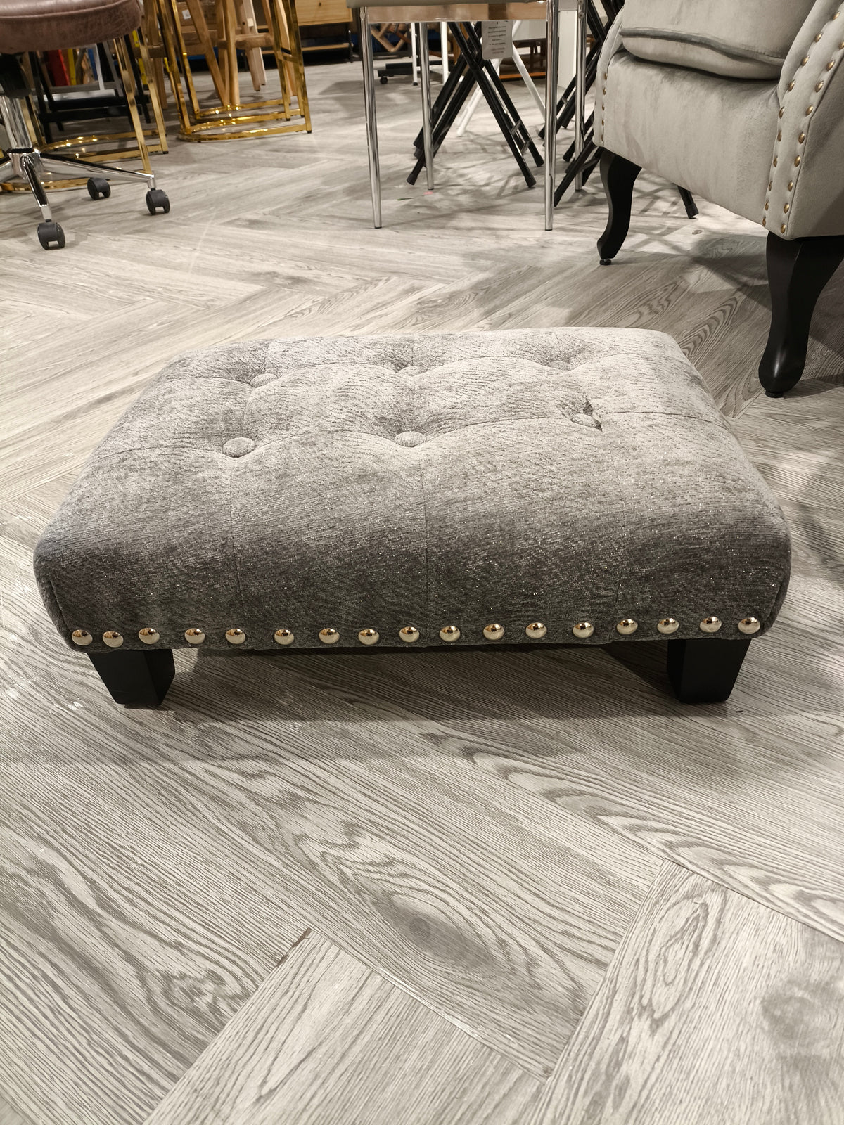 Blue Button Tufted Footstool With Black Wooden Legs