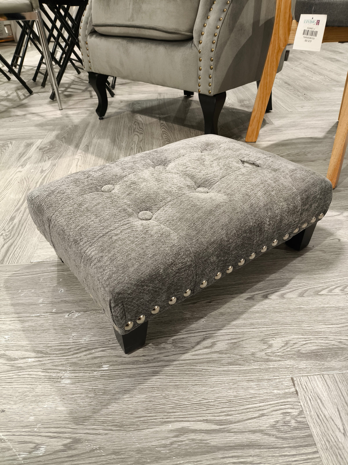 Blue Button Tufted Footstool With Black Wooden Legs