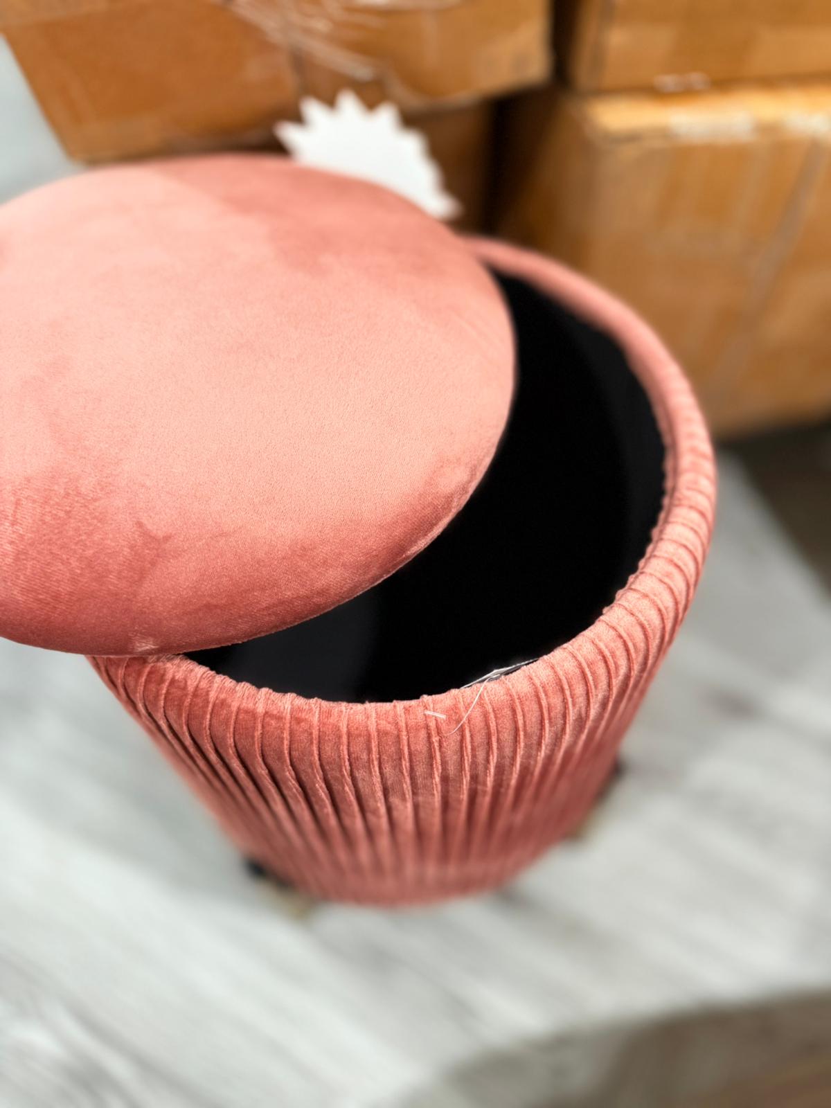 Velvet Modern Pleated Storage Ottoman with Metal Base Dark Pink