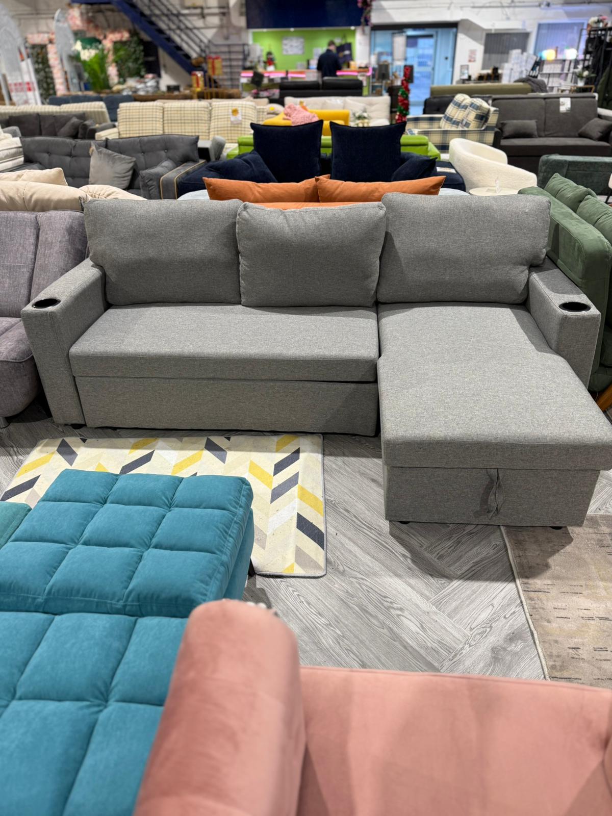 L Shape 3 Seater Linen Storage Sofa Bed Grey