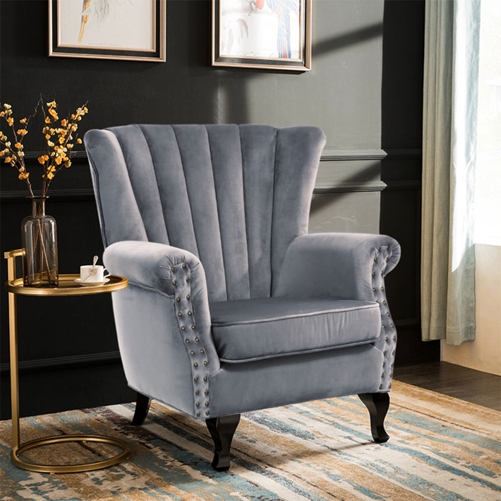 New Grey Vintage Velvet Upholstered Wing Back Armchair with Studs