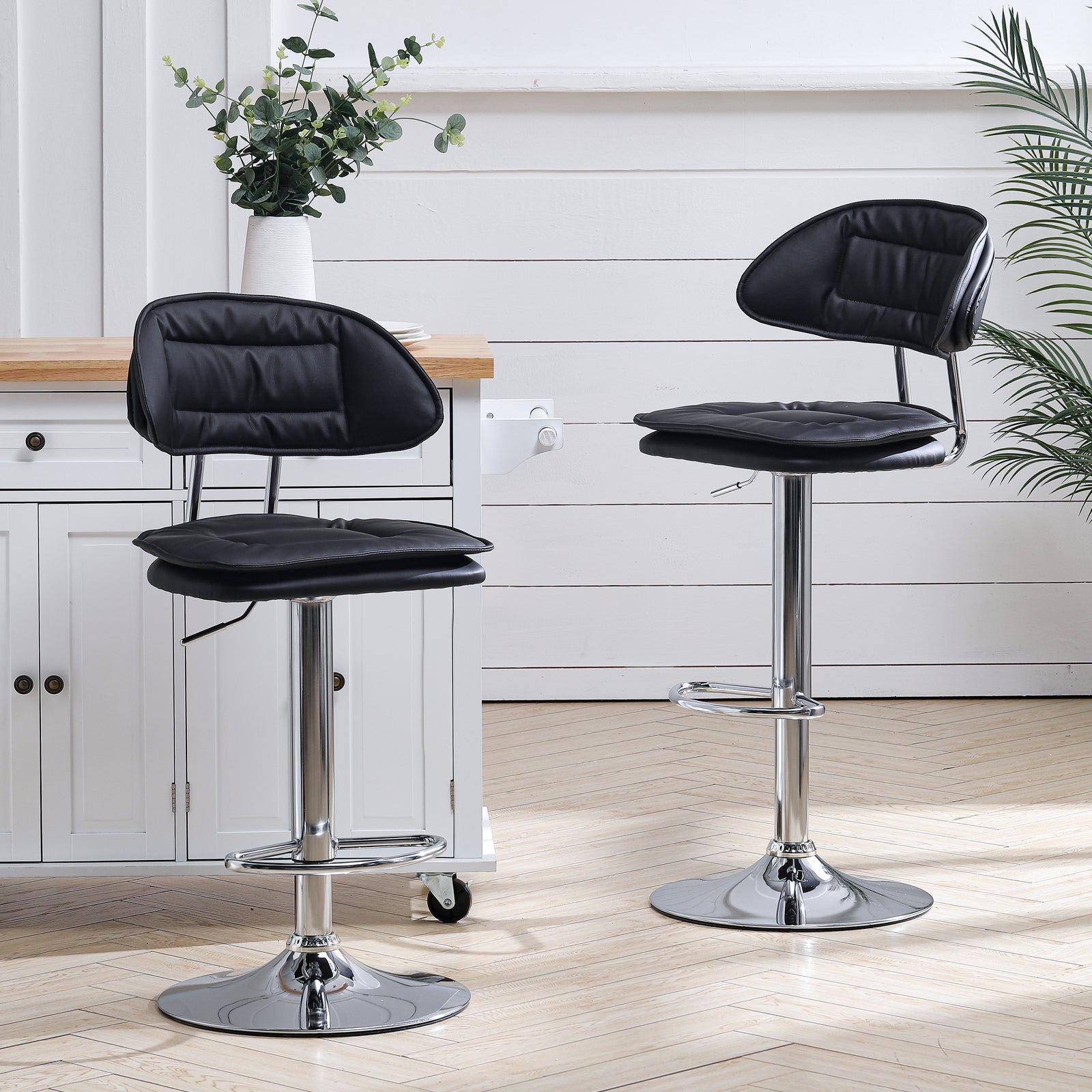 New Set of 2 Faux Leather Height Adjustable Bar Stool Black