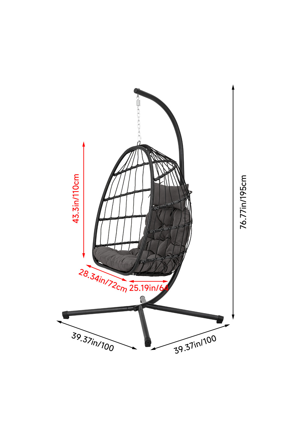 New Outdoor Garden Hanging 1 Seater Egg Chair with Dark Grey Cushion