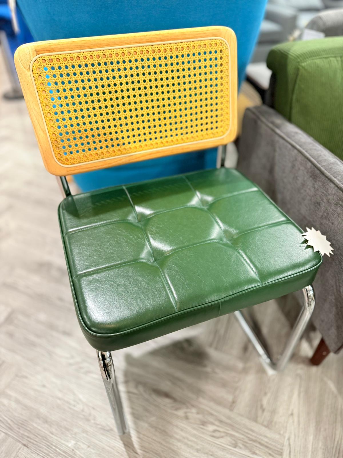 Vintage Rattan Back Dark Green PU Leather Cushion Dining Chairs 1Pc