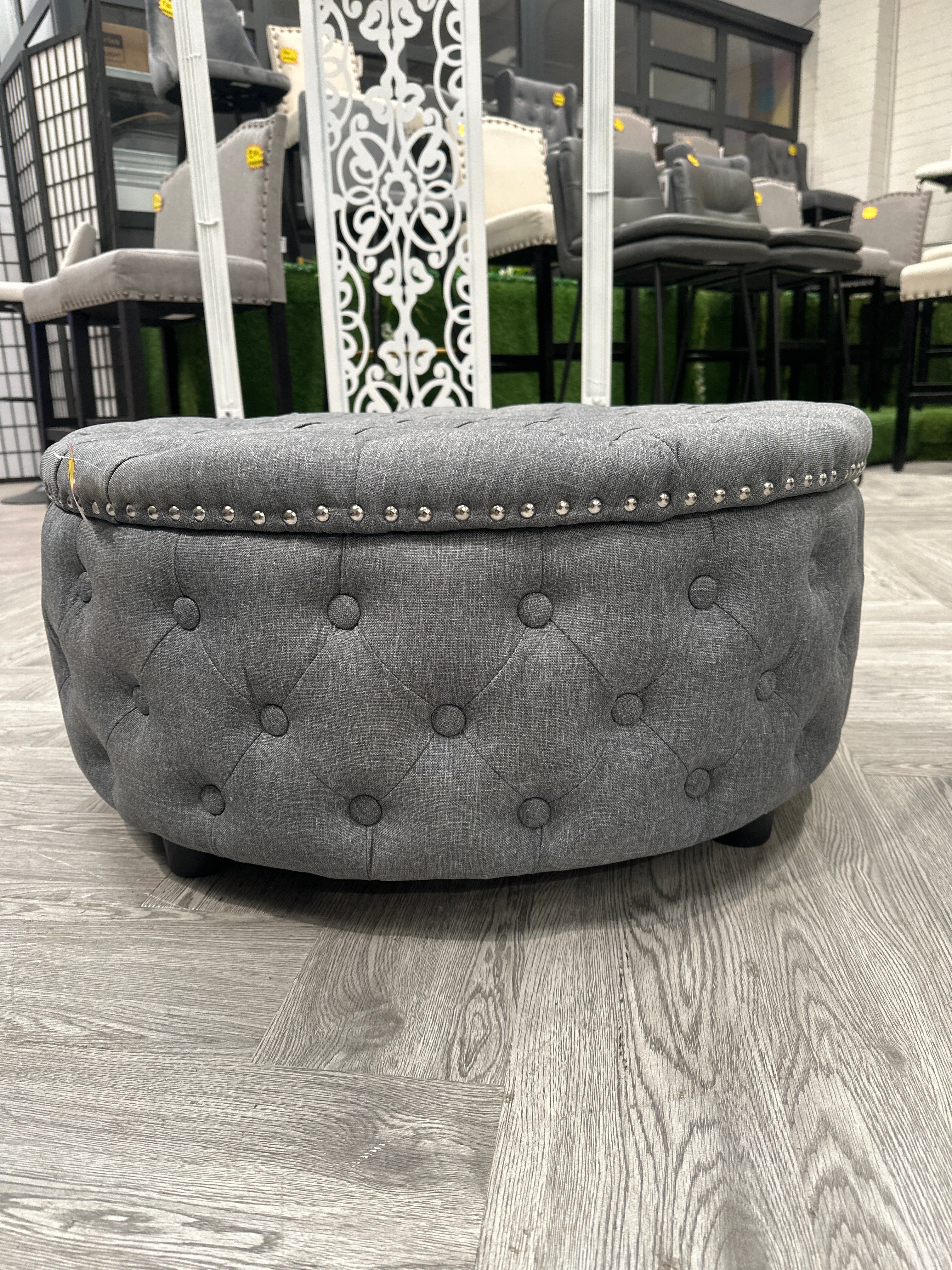 Grey Round Linen Deep Buttoned Ottoman with Studded Edge