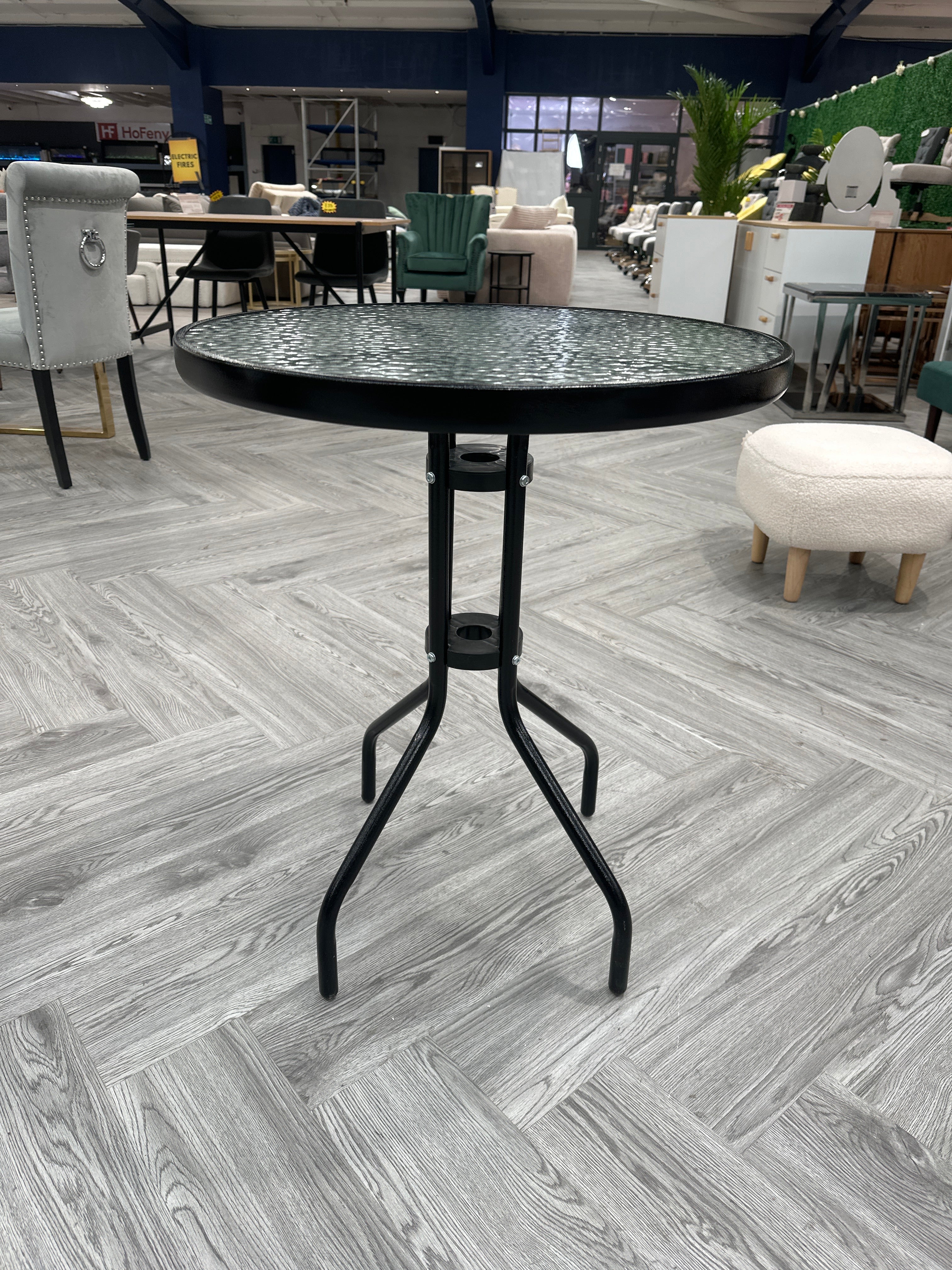Black Round Metal Garden Table with Tempered Glass Tabletop