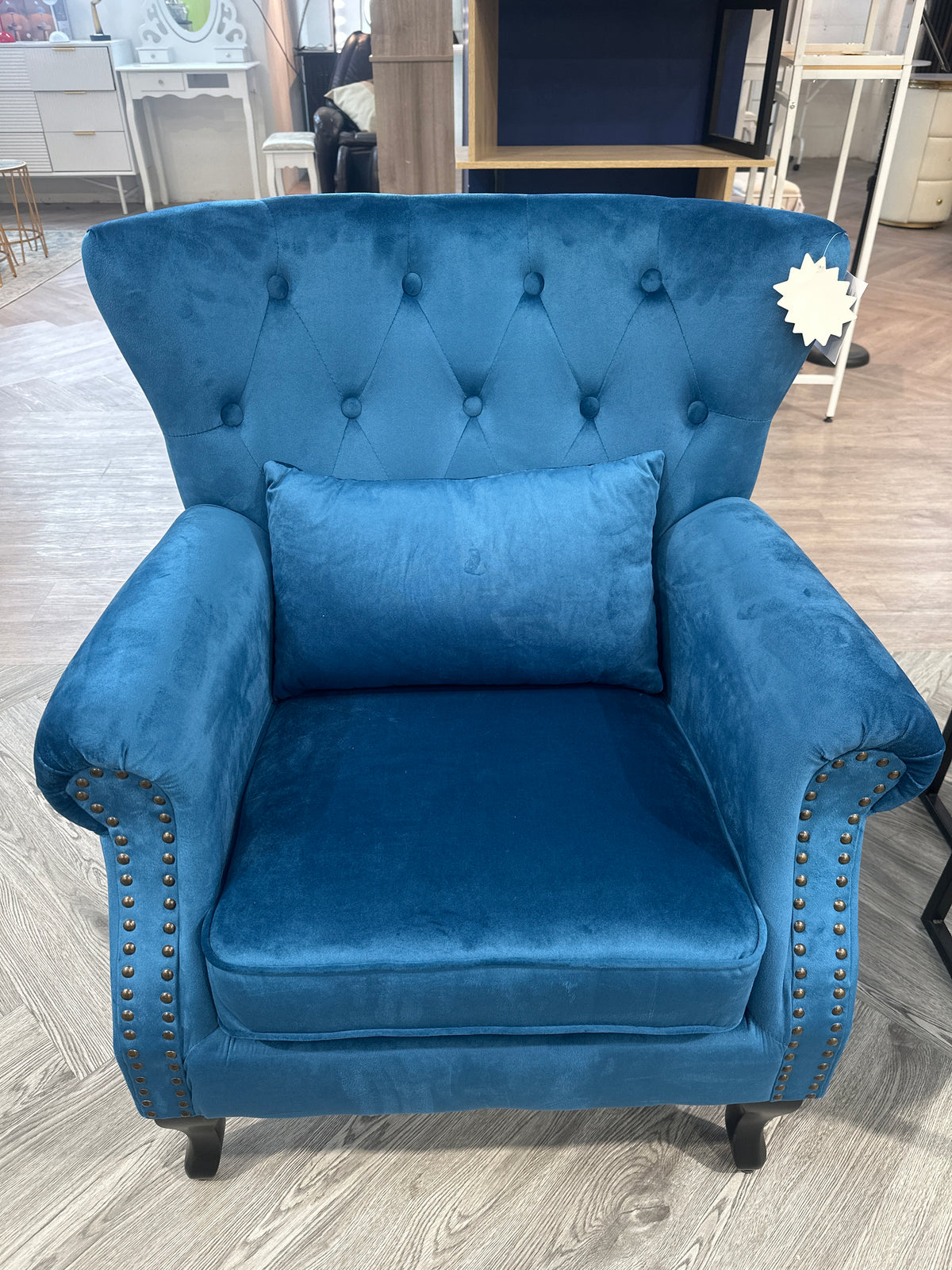 Luxurious Button Tufted Armchair with Toss Pillow Blue