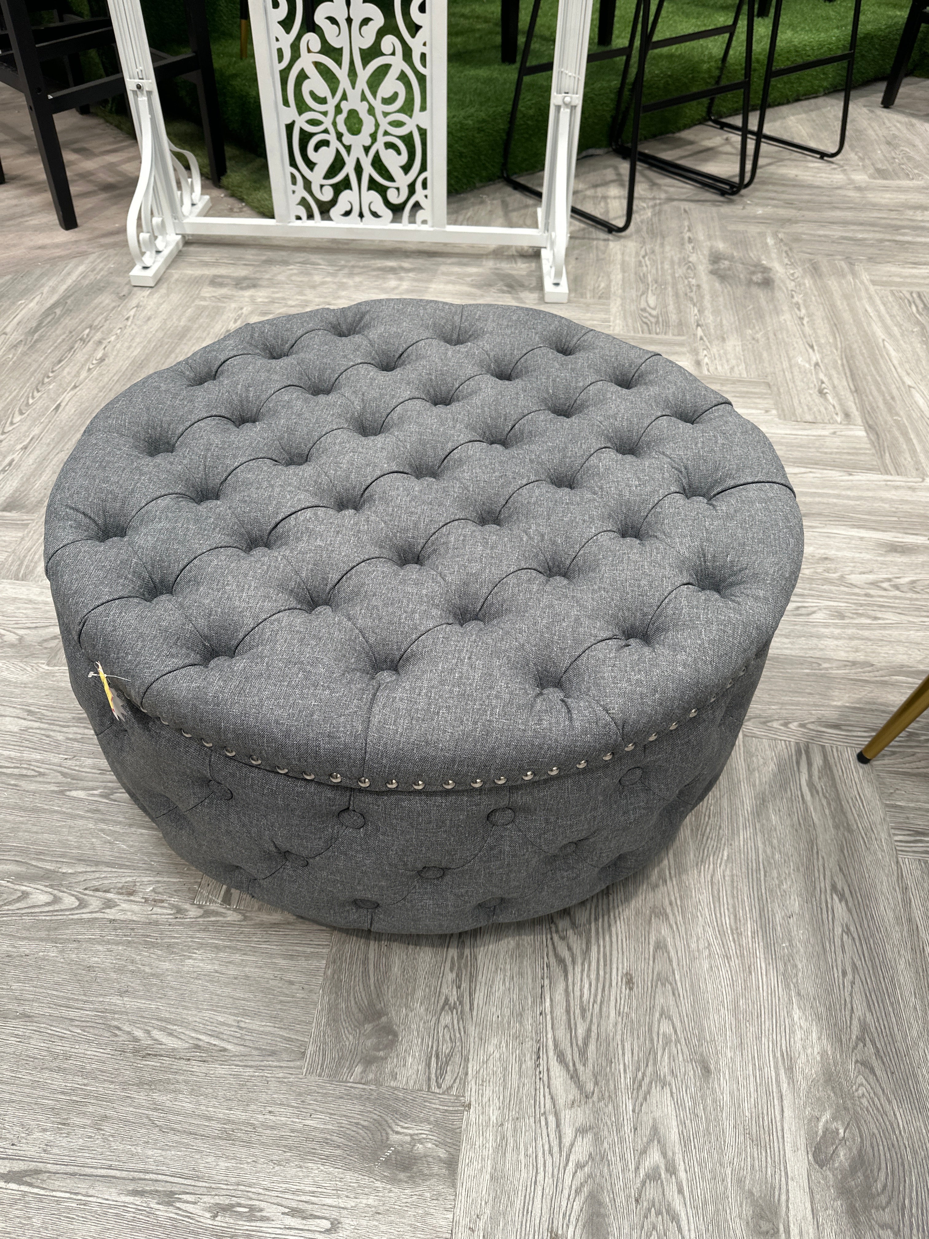 Grey Round Linen Deep Buttoned Ottoman with Studded Edge