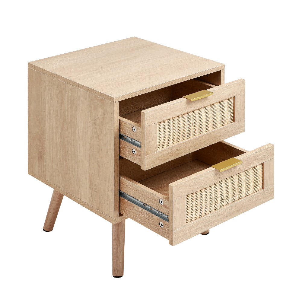 New Wood and Rattan Chest of 2 Drawer Bedside Cabinet
