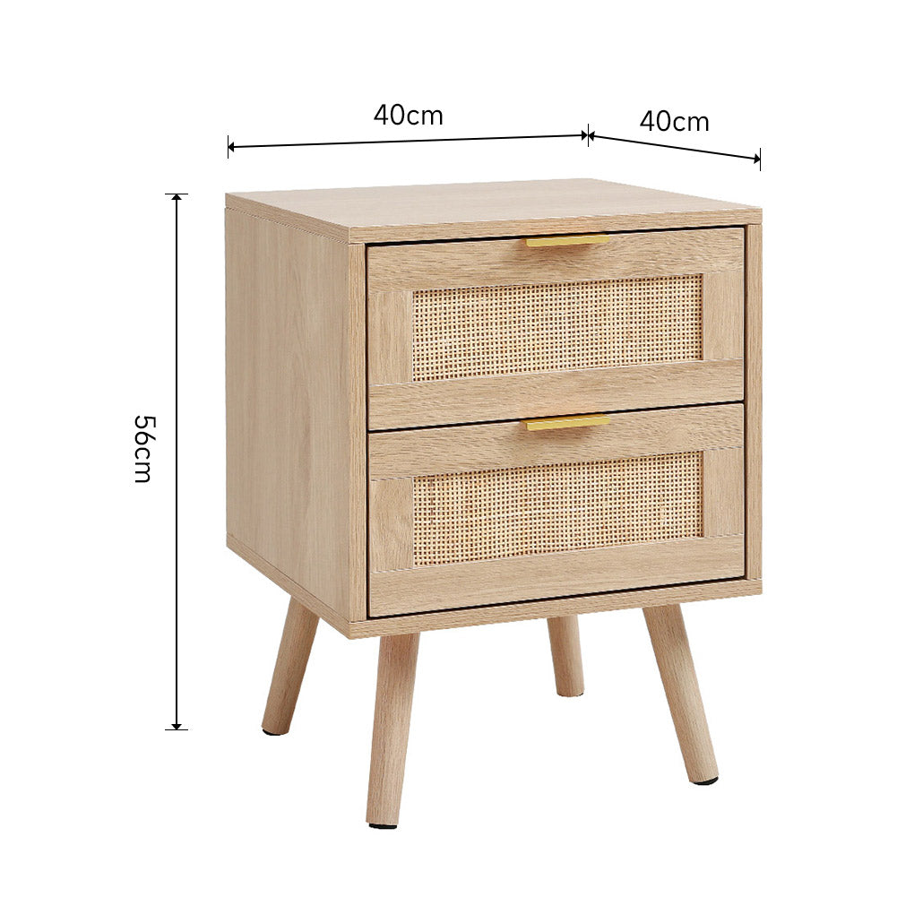 New Wood and Rattan Chest of 2 Drawer Bedside Cabinet