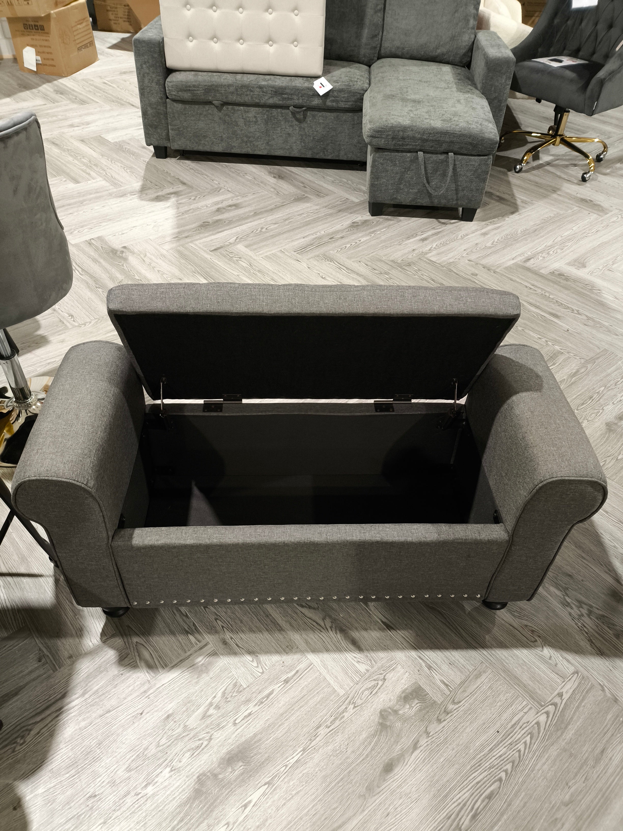 Linen Upholstered Button Tufted Storage Bench with Wooden Legs Grey