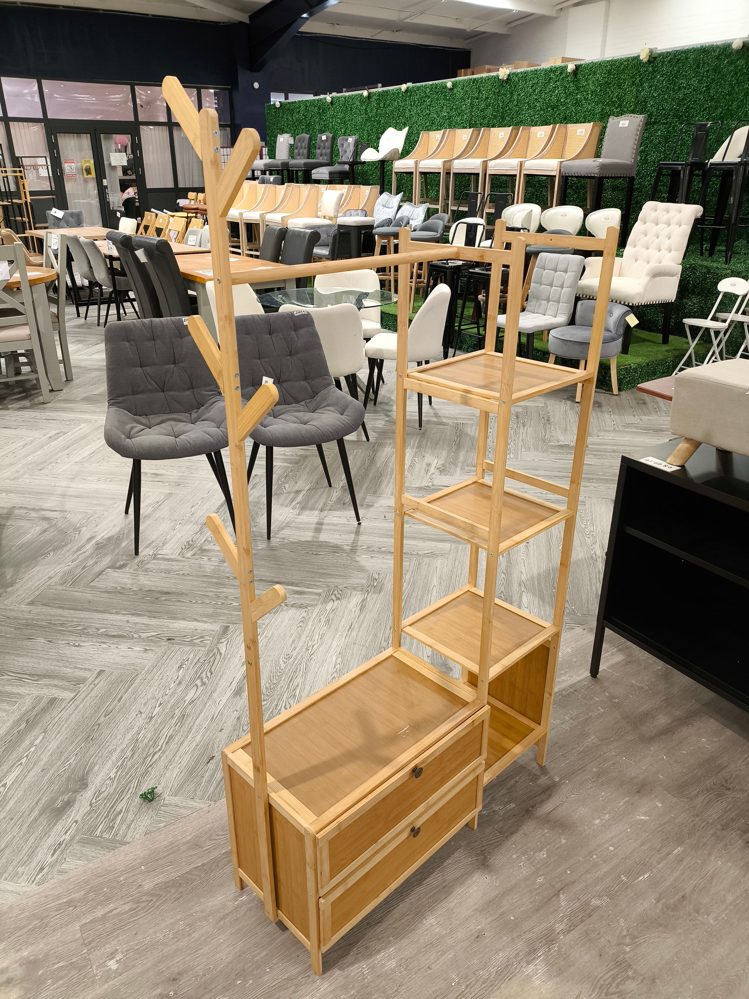 Multi Functional Wooden Coat Rack with 2 Storage Drawers Natural Wood