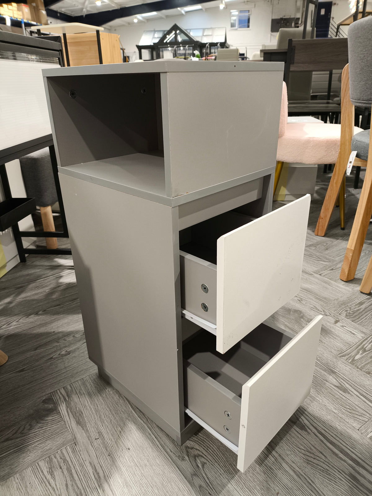Modern Two Drawer Storage Cabinet with Open Shelf Grey and White
