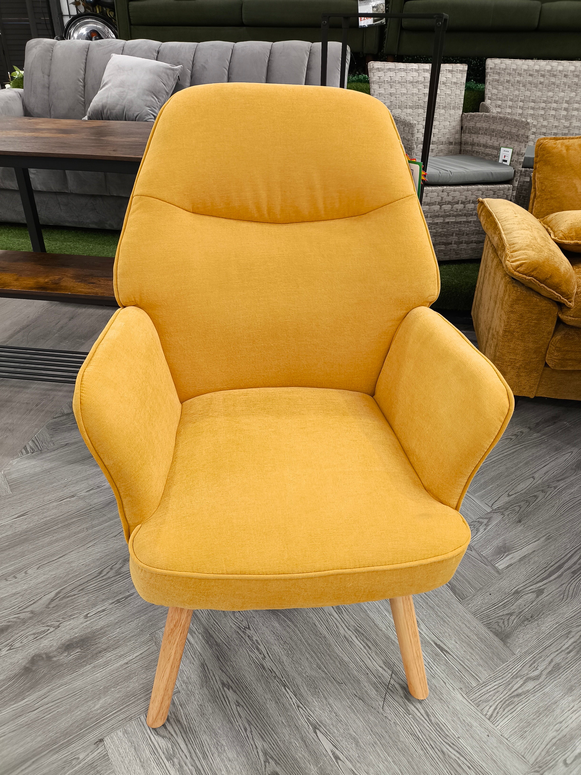 Chenille Upholstered Armchair with Wooden Legs Yellow