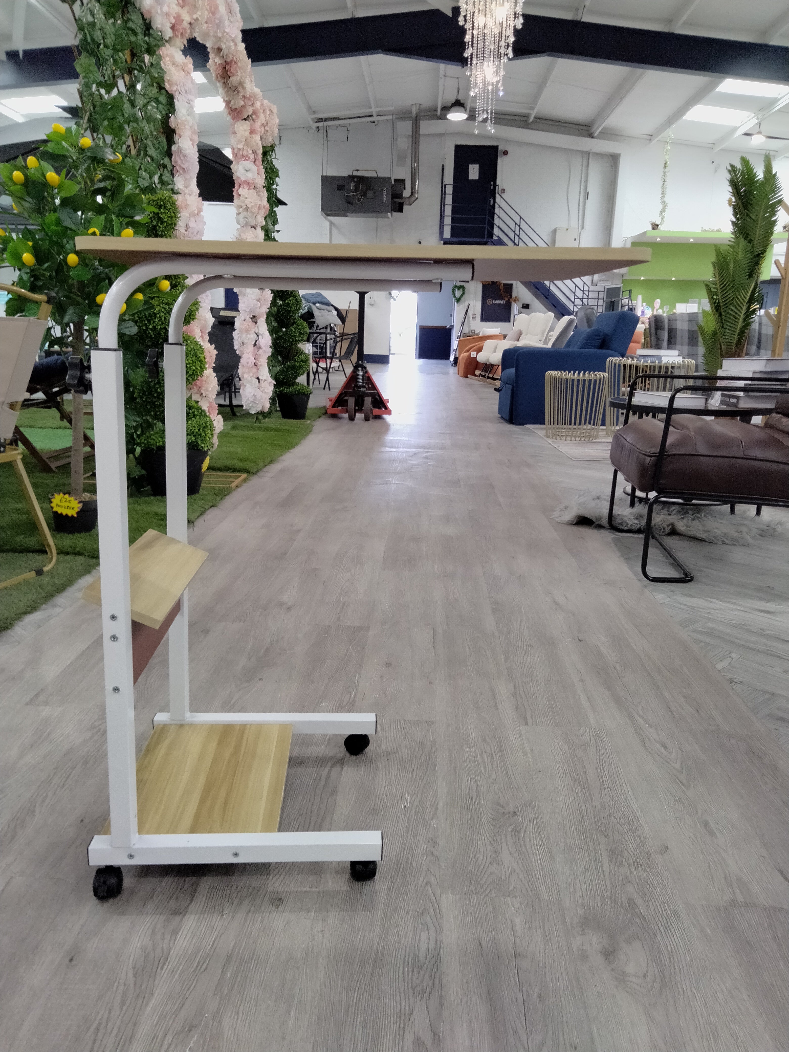 Height Adjustable Mobile Table Overbed Desk with Shelves Light Brown