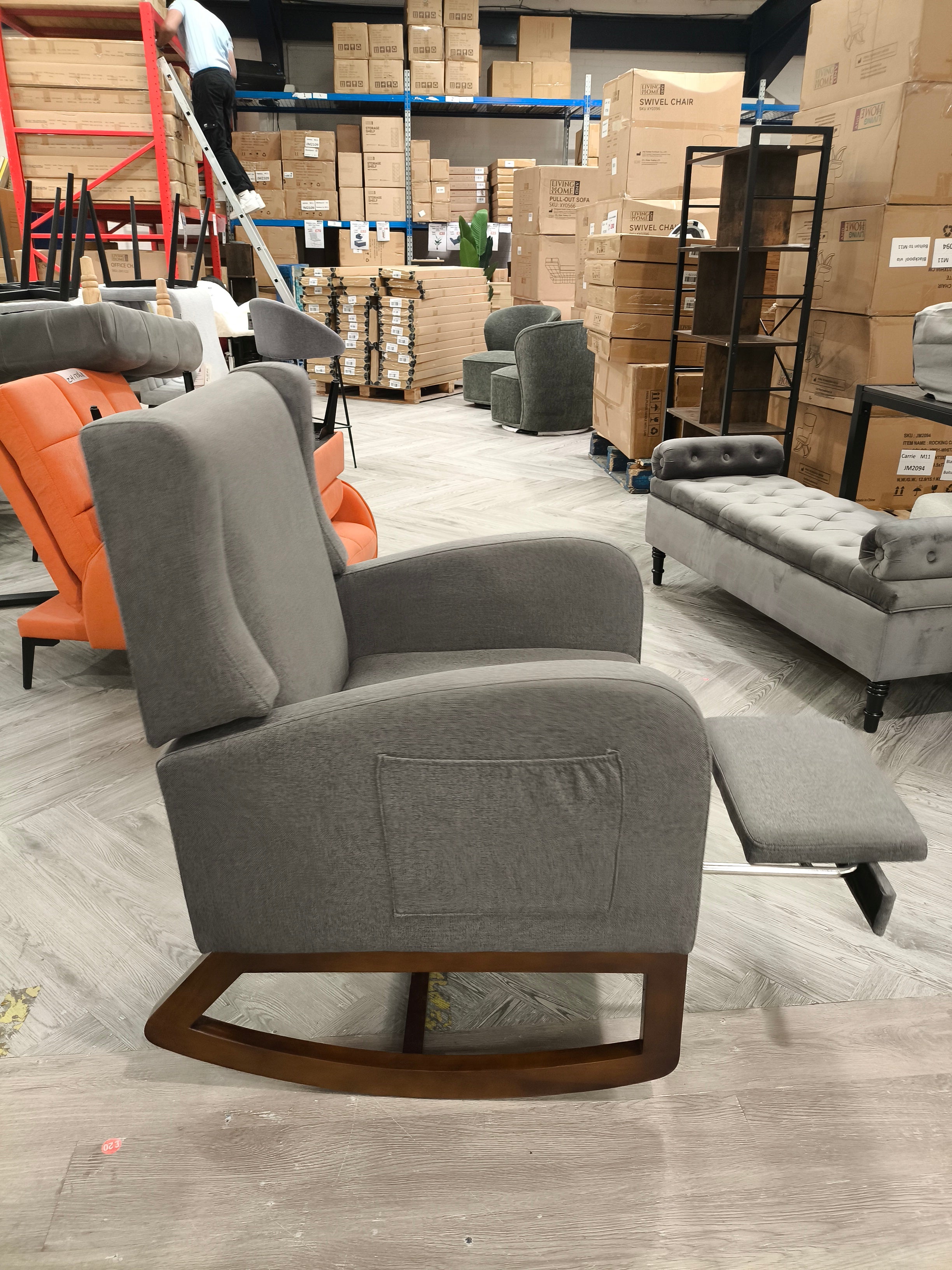 Linen Upholstered Rocking Armchair with Footrest Grey