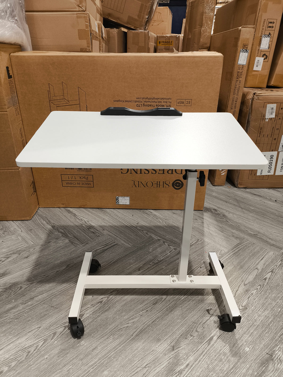 White Rectangular Height Adjustable Laptop Desk with Lockable Wheels