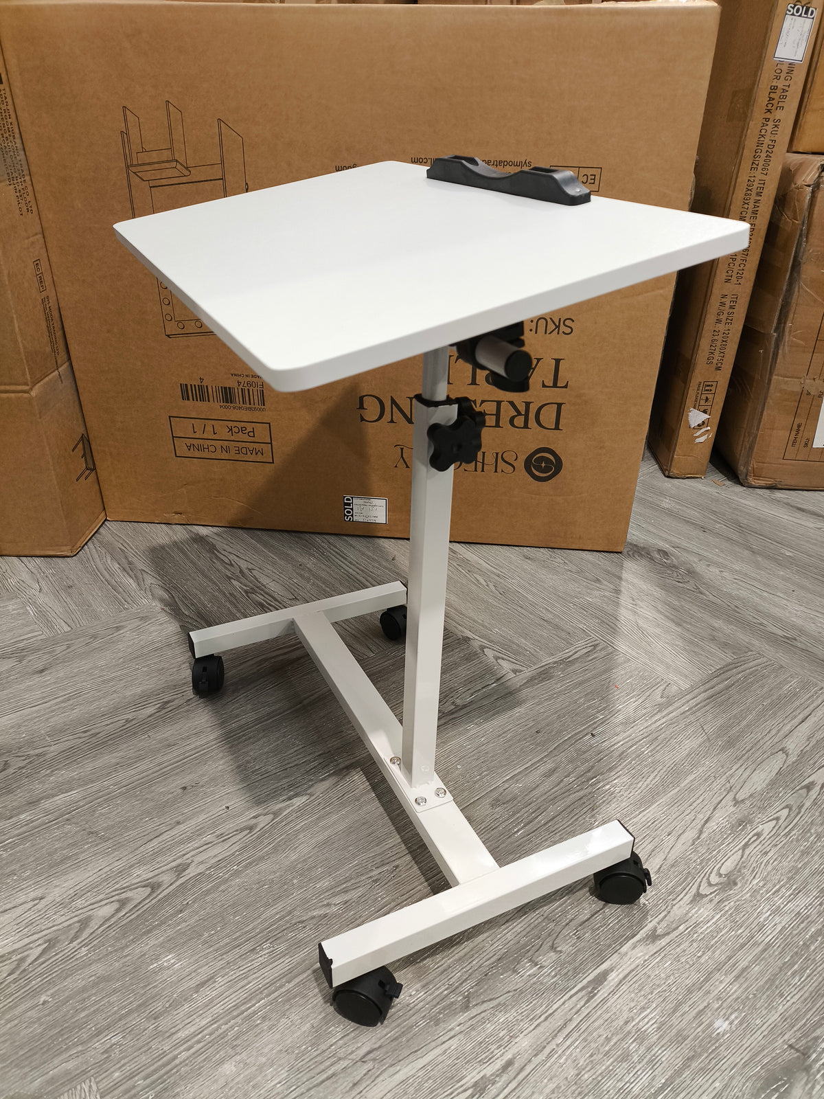 White Rectangular Height Adjustable Laptop Desk with Lockable Wheels