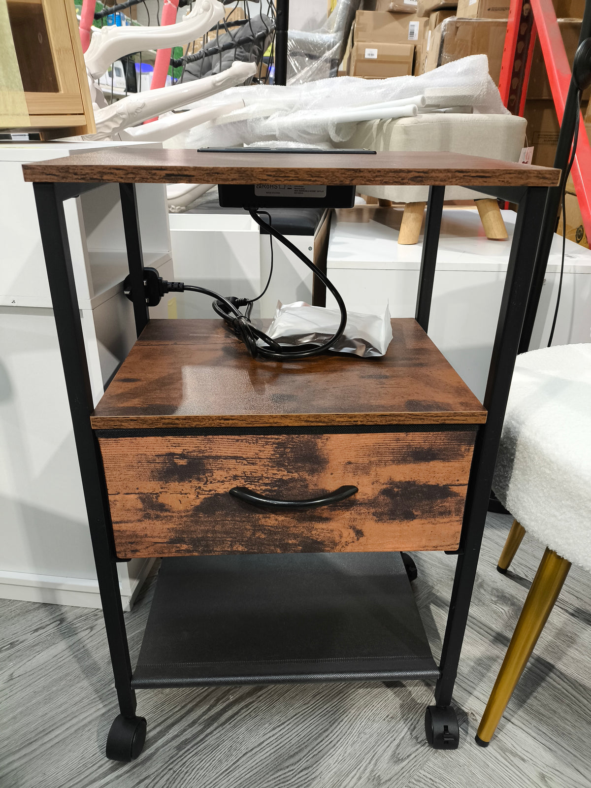 Nightstand Bedside Table with Charging Station and LED Lights Dark Brown