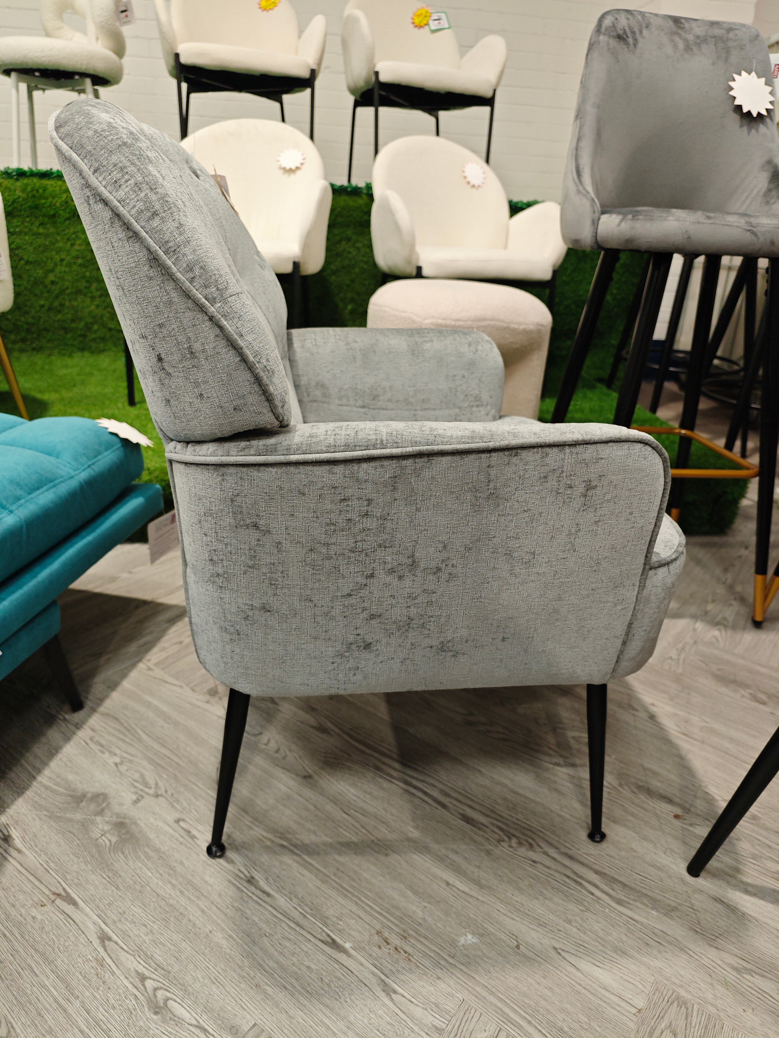 Button Tufted Armchair with Metal Legs Grey