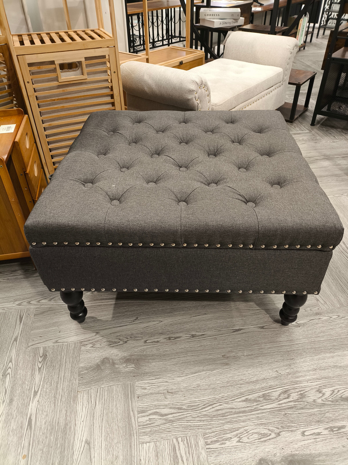 Square Tufted Linen Storage Ottoman