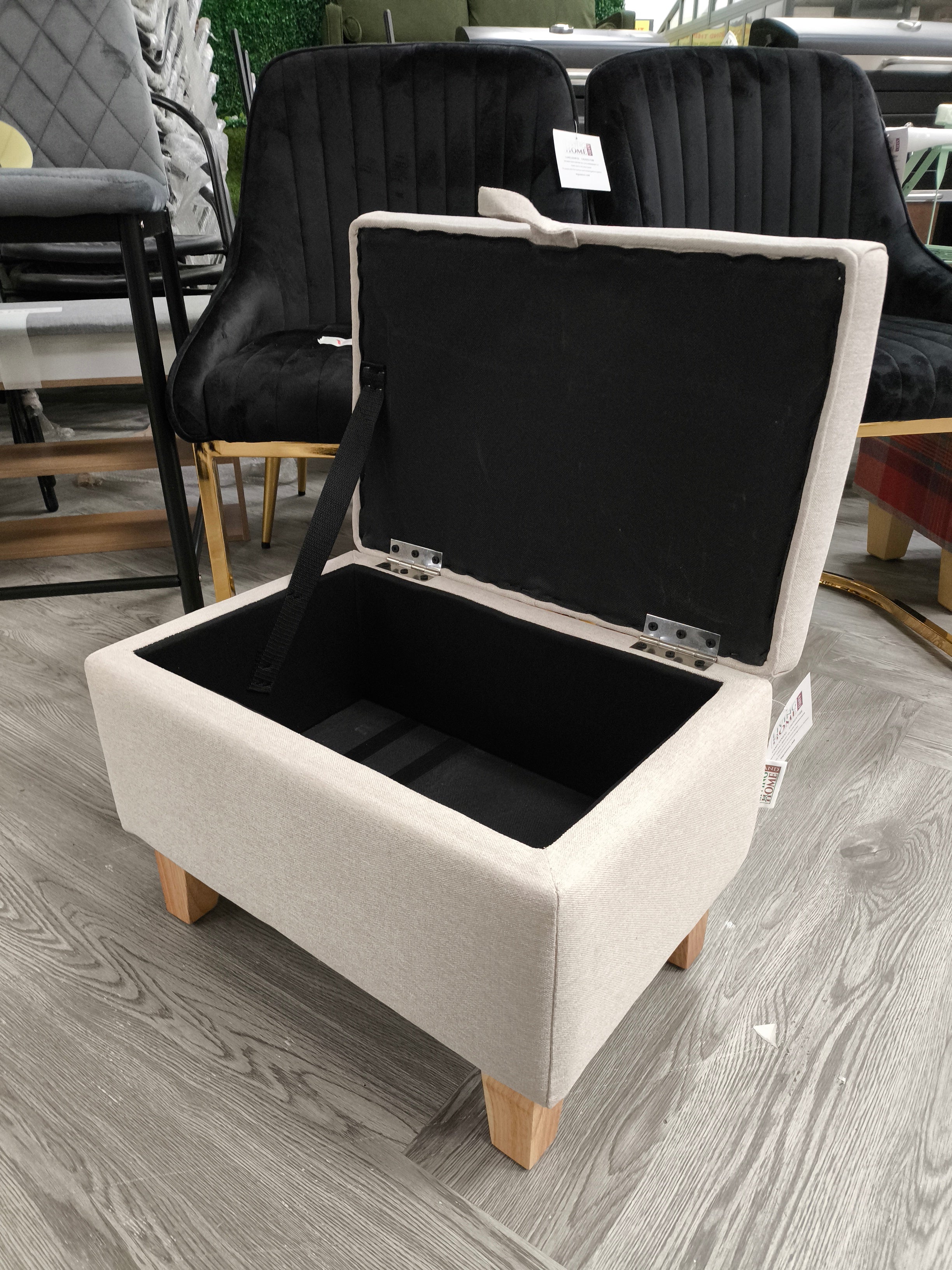 Linen Upholstered Storage Ottoman with Wooden Legs Beige