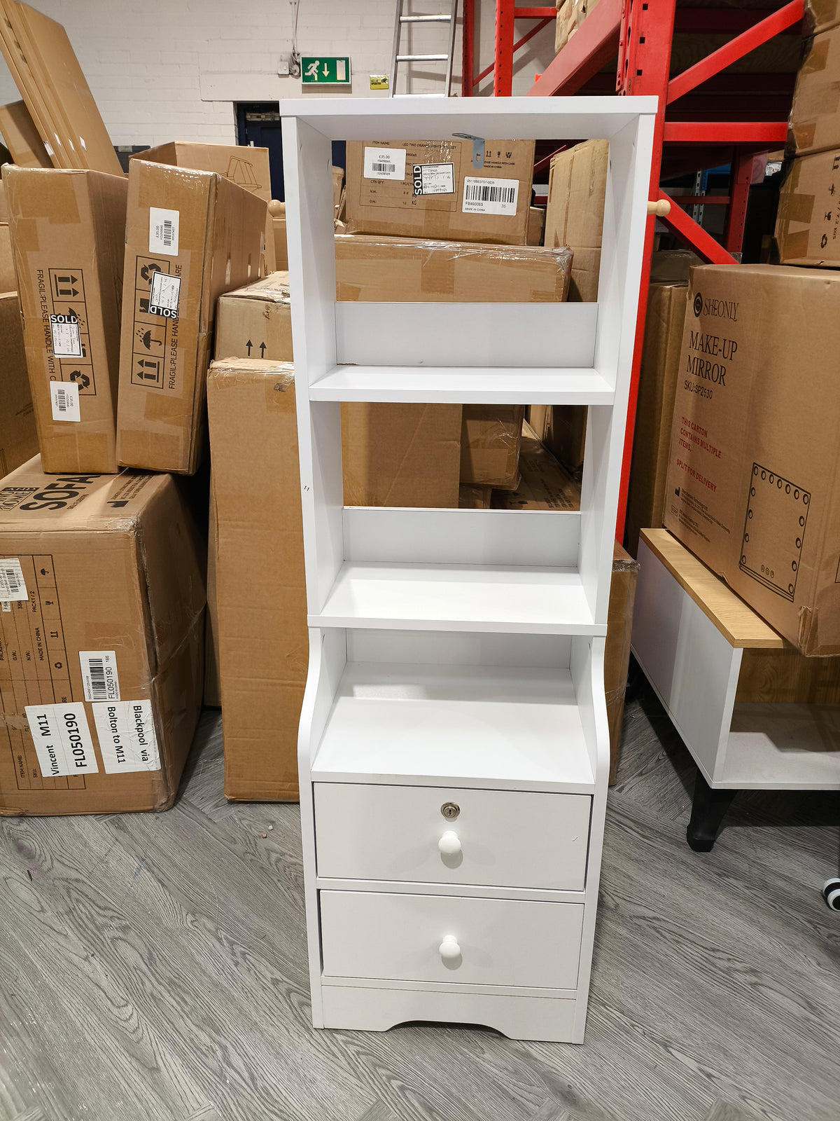 White Slim Storage 3 Tier Shelving Unit with Lockable Drawer