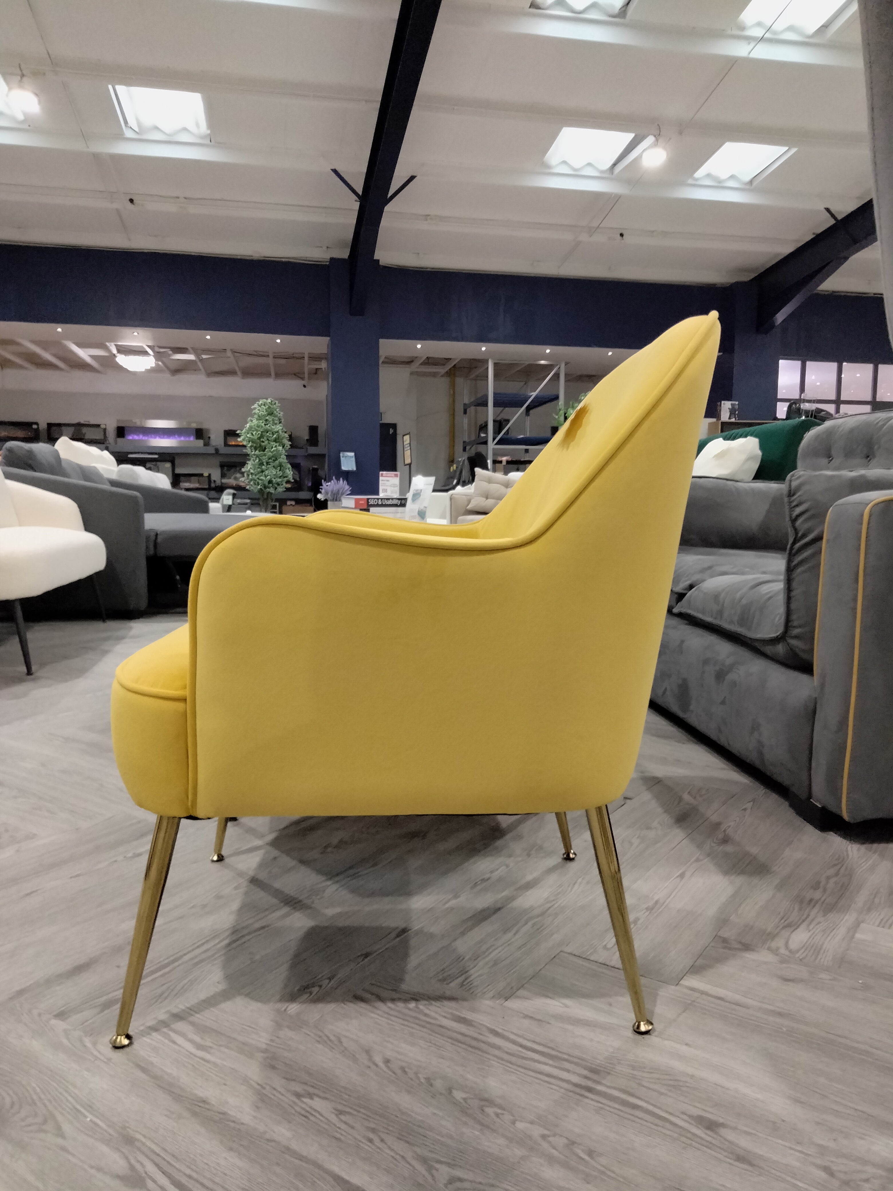 Contemporary Upholstered Comfy Armchair with Gold-Plated Feet Yellow