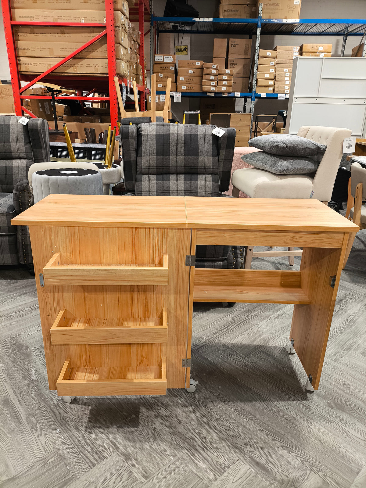 Folding Sewing Table With Storage Shelves And Lockable Casters Wood