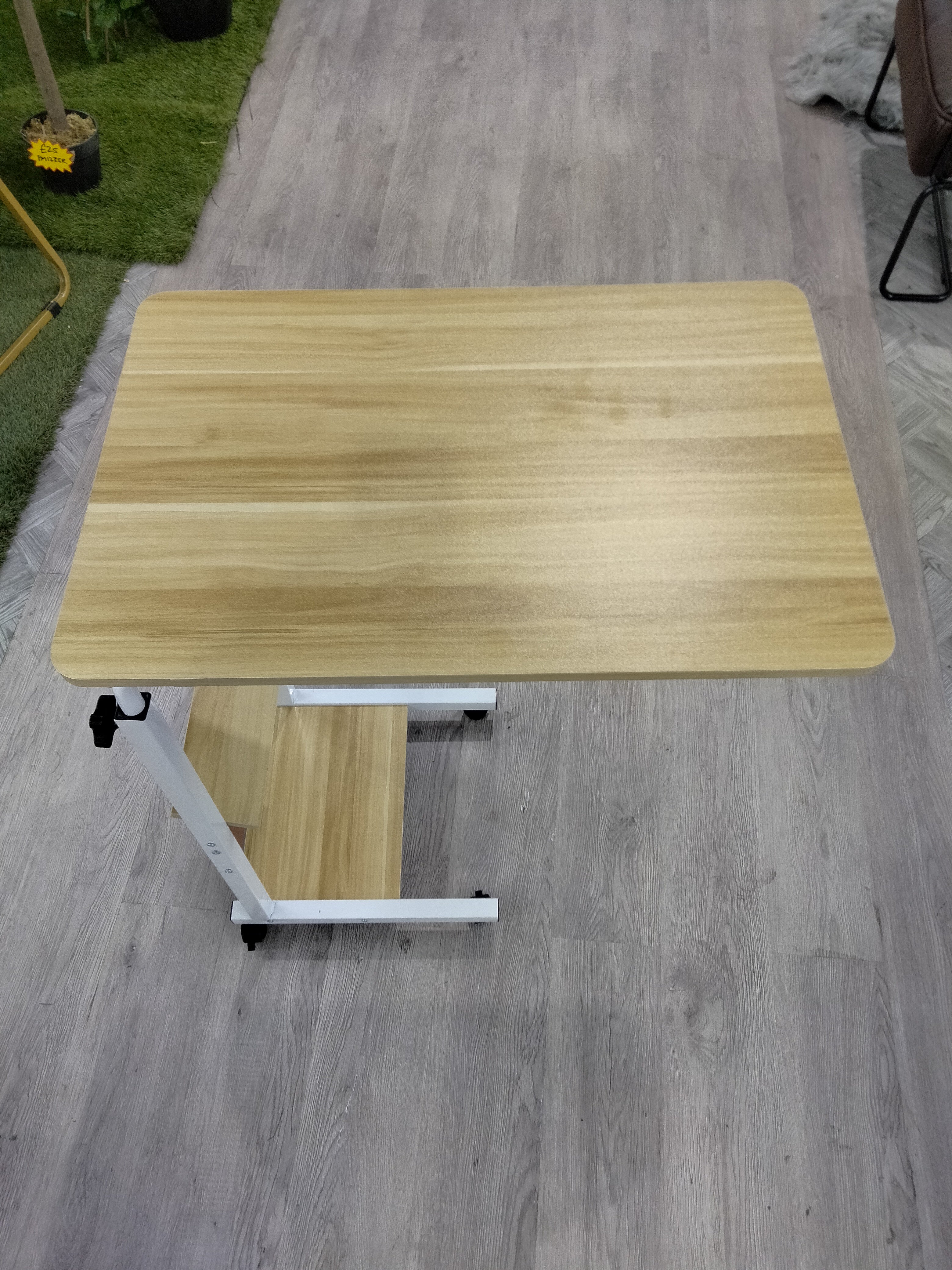 Height Adjustable Mobile Table Overbed Desk with Shelves Light Brown