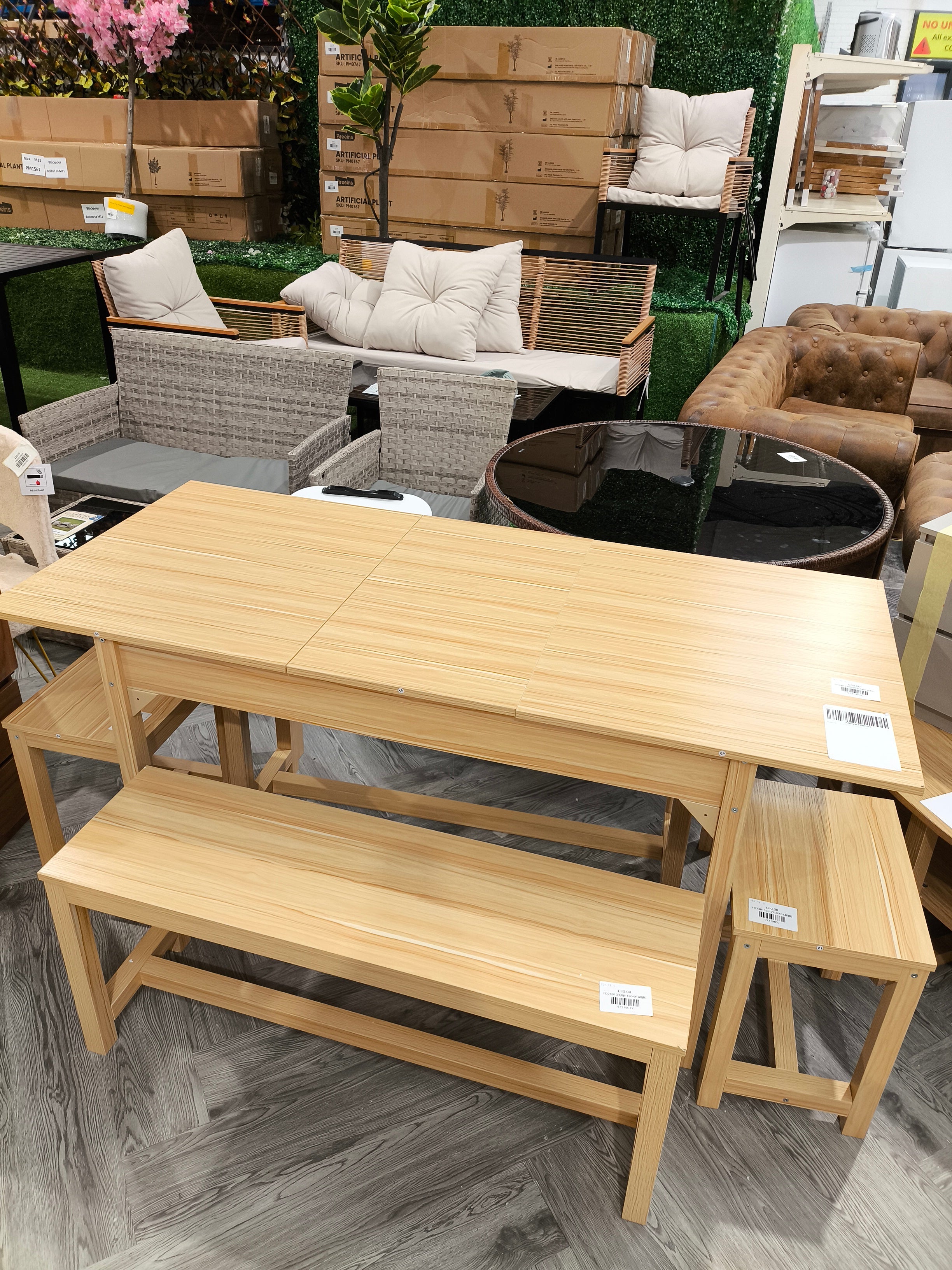 Set of 5 Extendable Wooden Dining Table with 2 Benches and 2 Stools