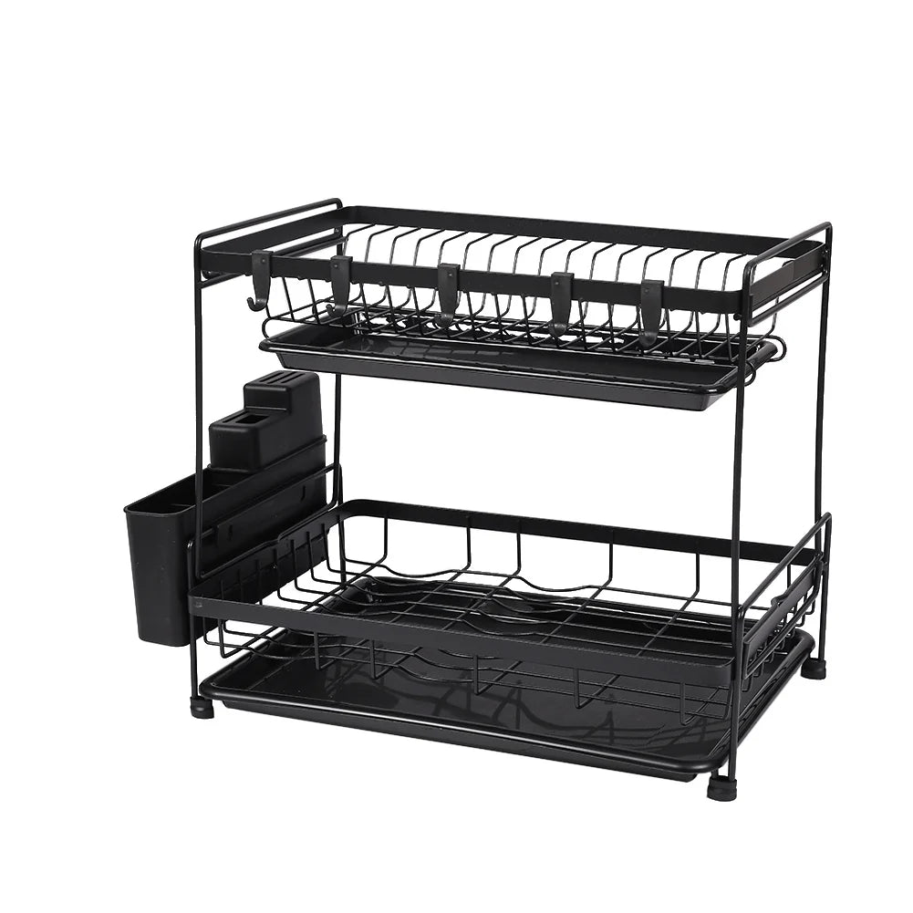 New 2 Tier Dish Drying Rack with Drainboards Black