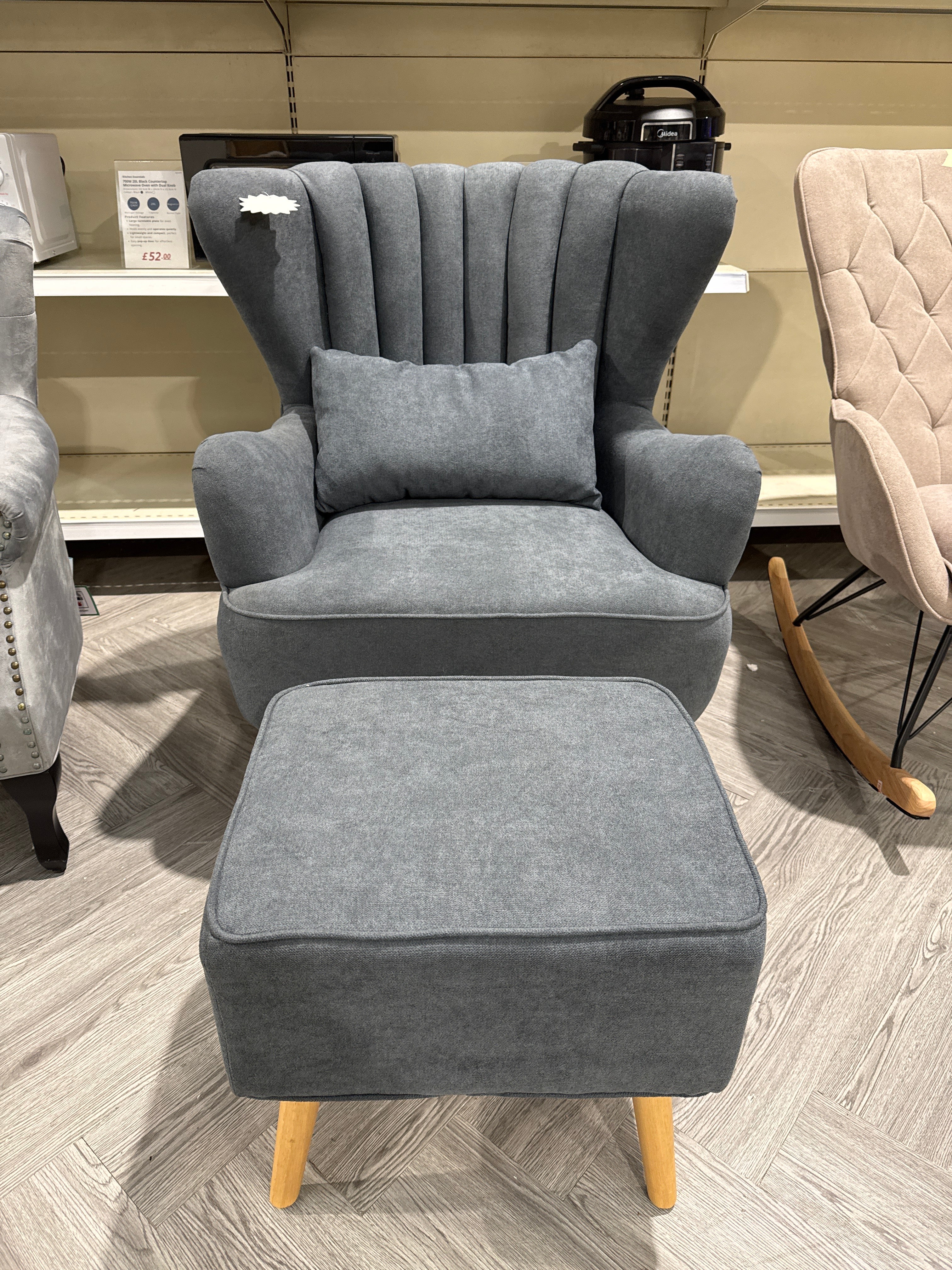 Grey Wingback Armchair With Footstool