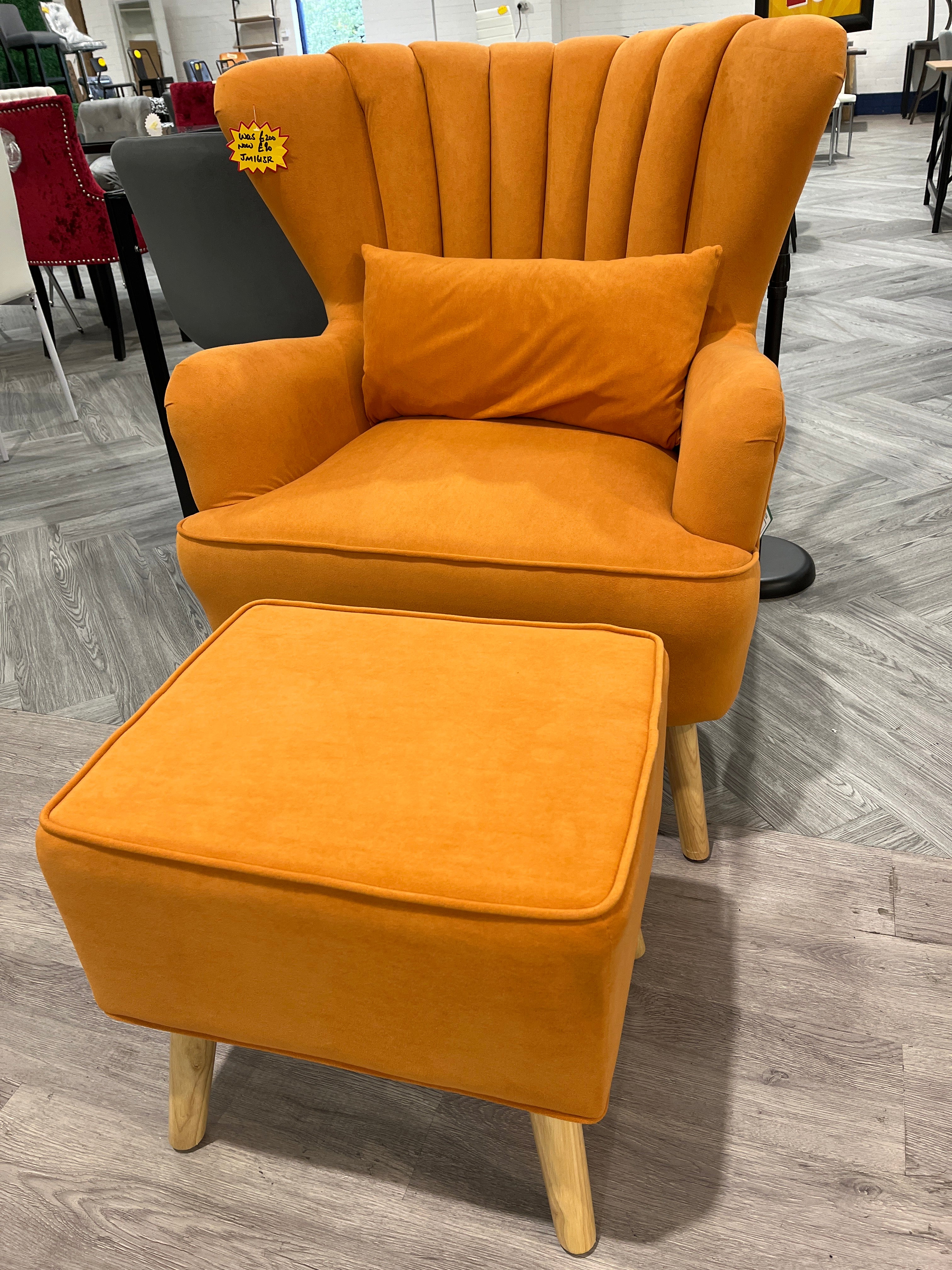 Orange Contemporary Curved Back Single Armchair with Lumbar Pillow and Footstool