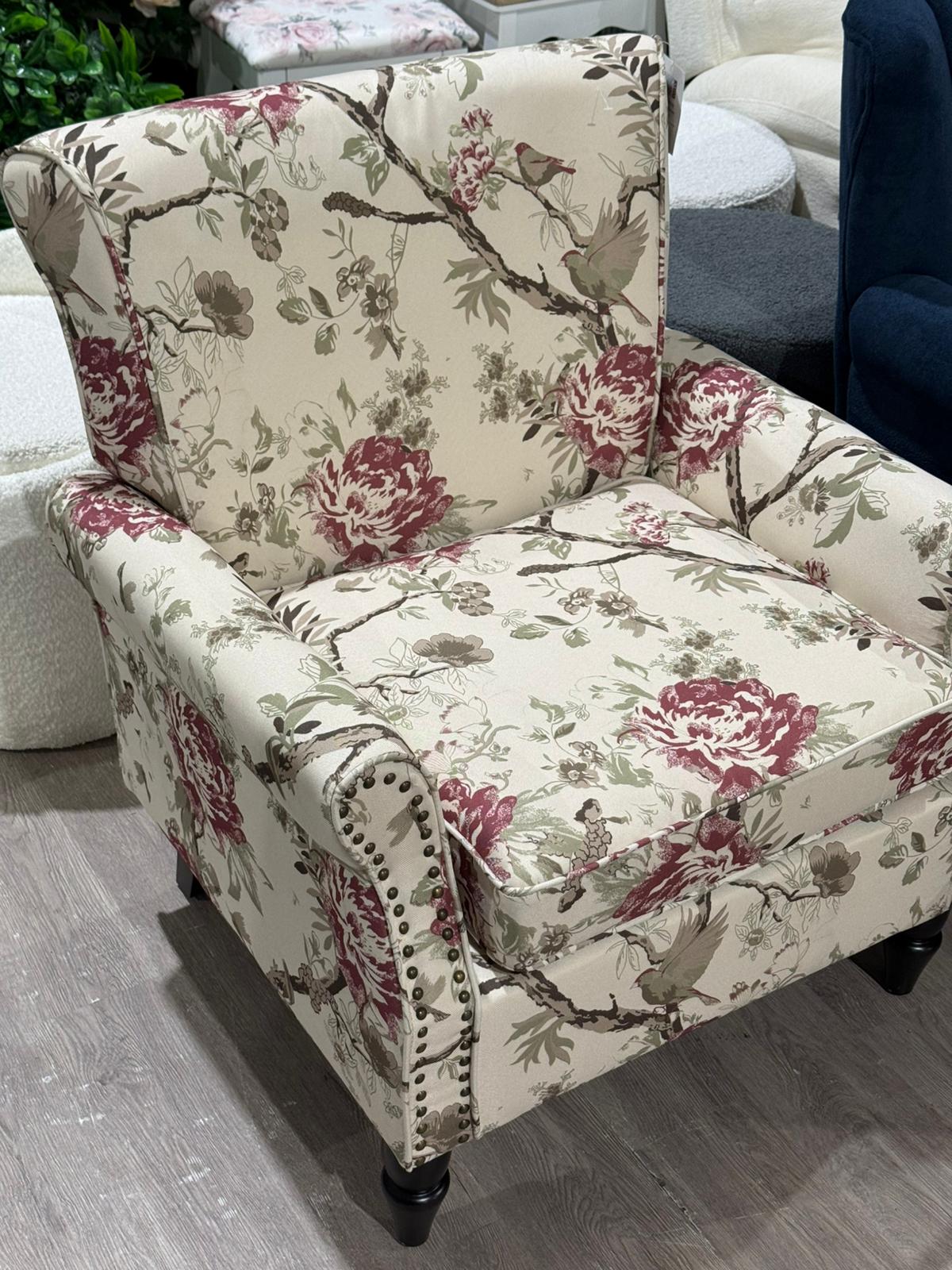 Retro Flower Studded Armchair with 4 Chunky Wooden Legs