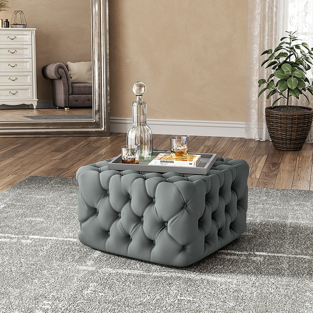 New Grey Velvet Buttoned Tufted Footstool 62cm x 62cm
