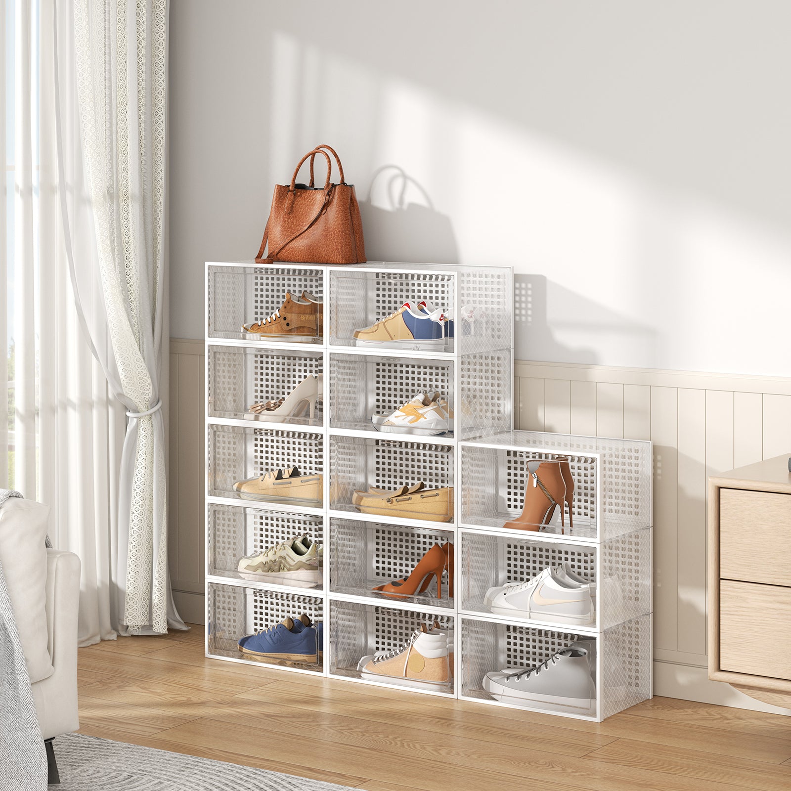 New 12 Pack White Stackable Foldable Plastic Shoe Boxes