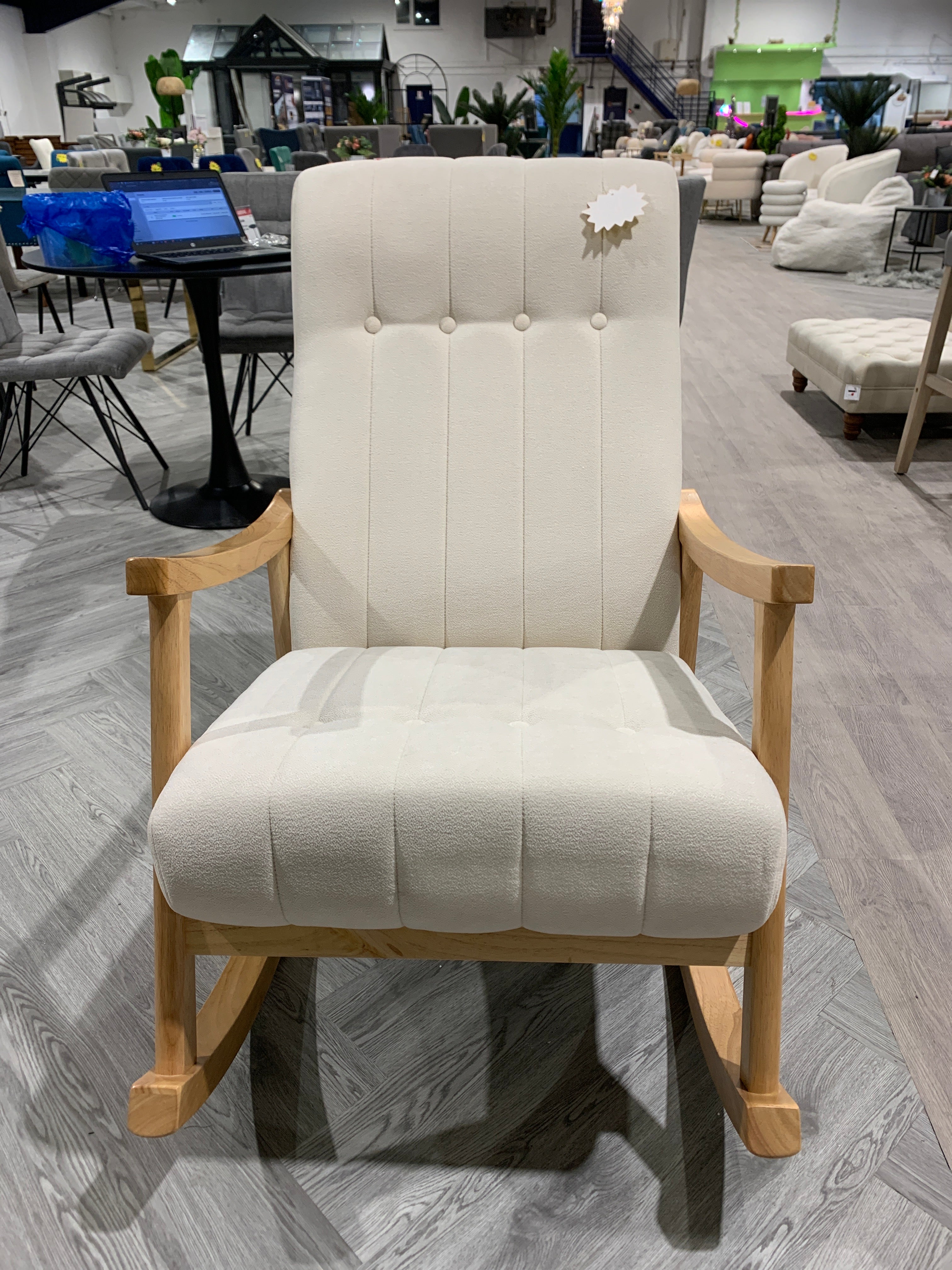 Beige Velvet Upholstered Tufting Wooden Arms Rocking Chair