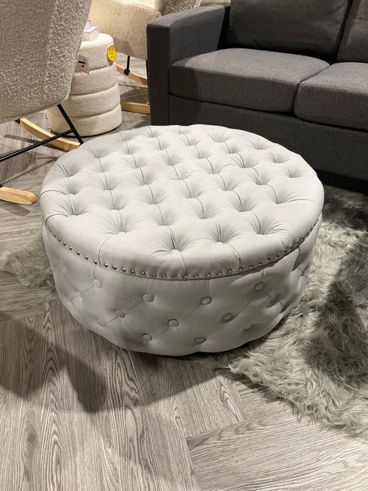 Round Linen Deep Buttoned Ottoman with Studded Edge