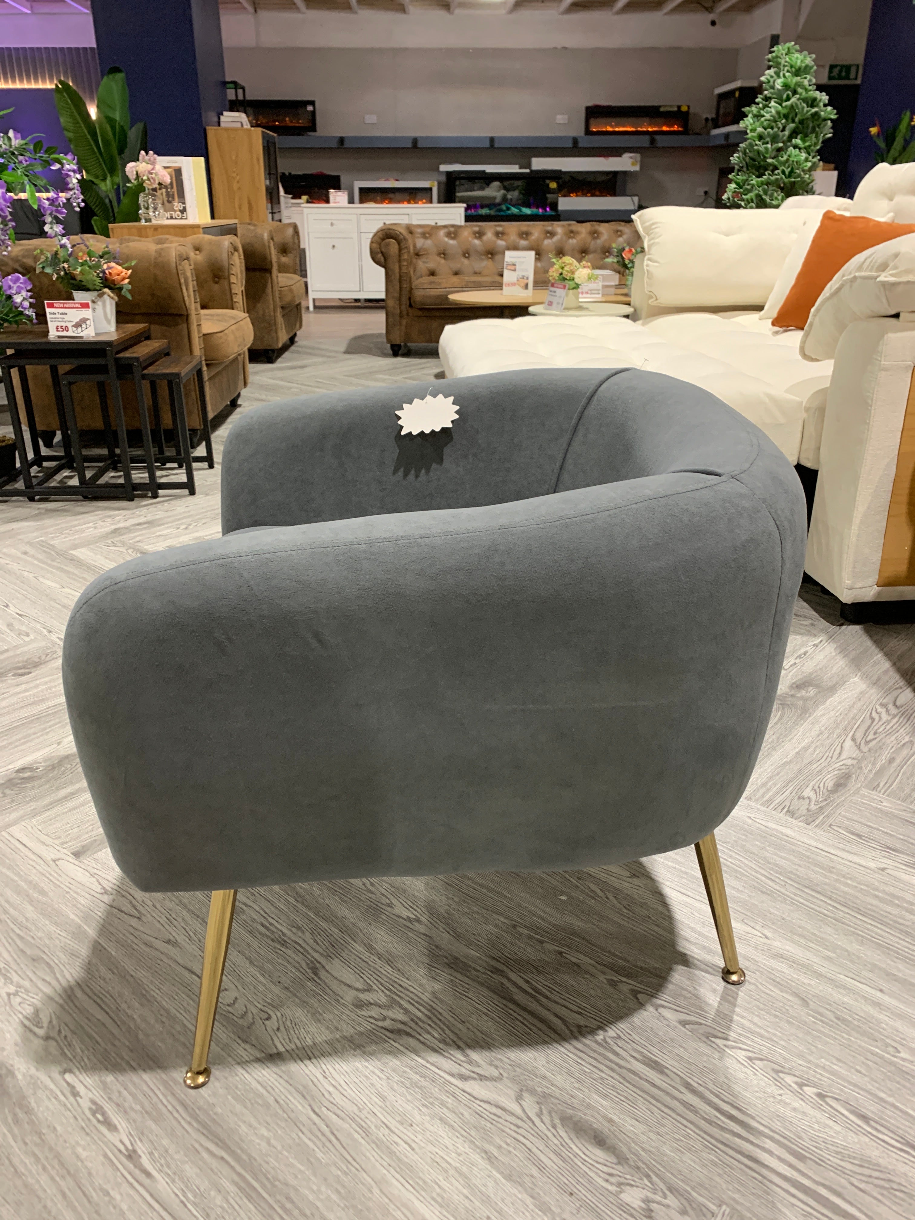 Grey Velvet Low Back Accent Chair with Metallic Legs