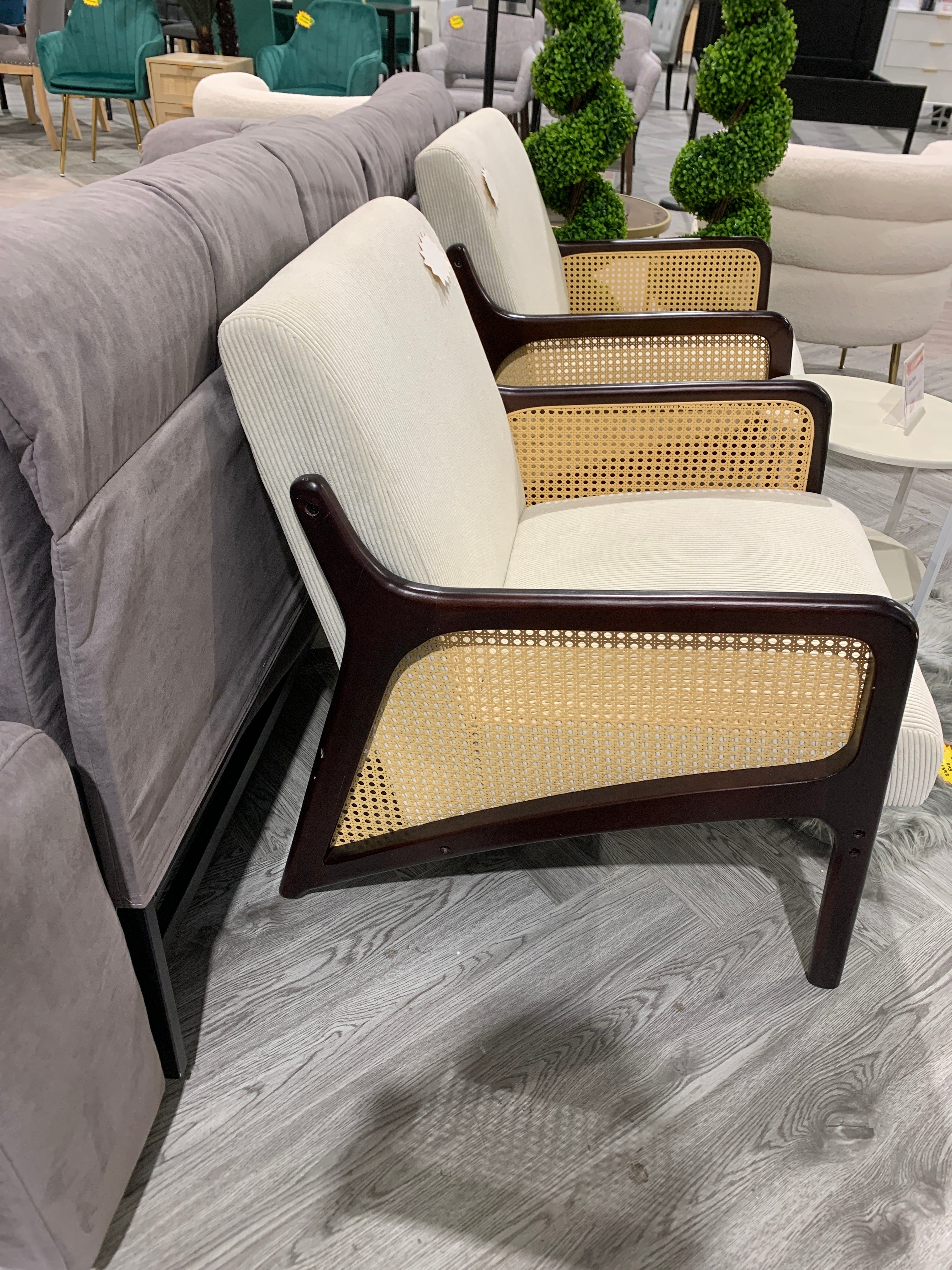 Beige Corduroy Armchair with Rattan Armrest