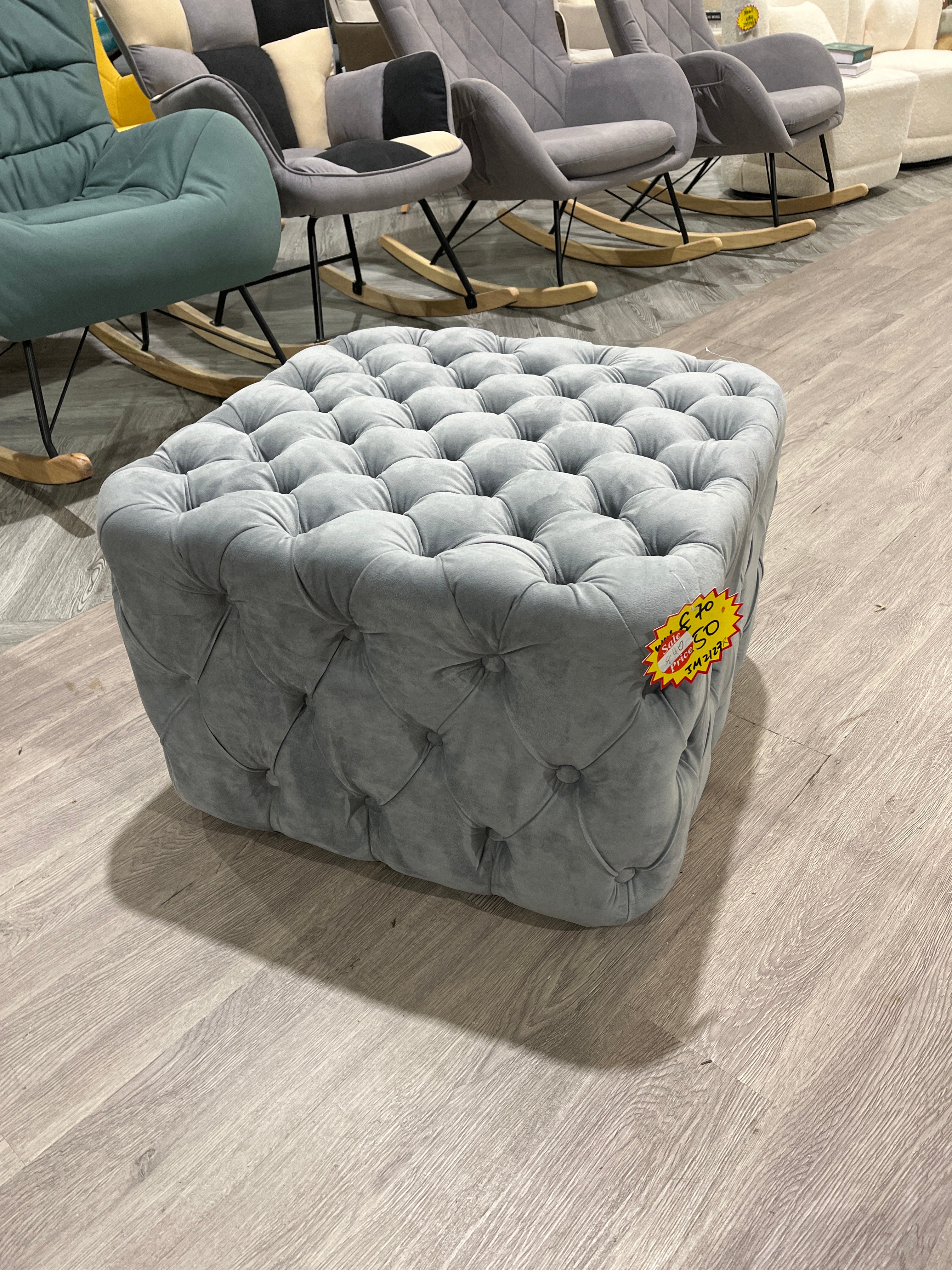 Deep Buttoned Square Velvet Footstool Ottoman Pouffe Grey