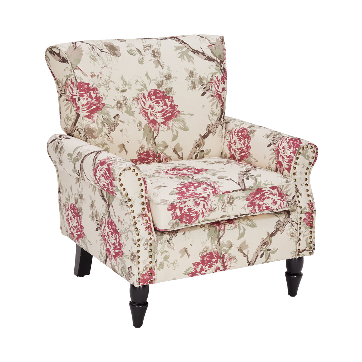 New Retro Flower Studded Armchair with 4 Chunky Wooden Legs