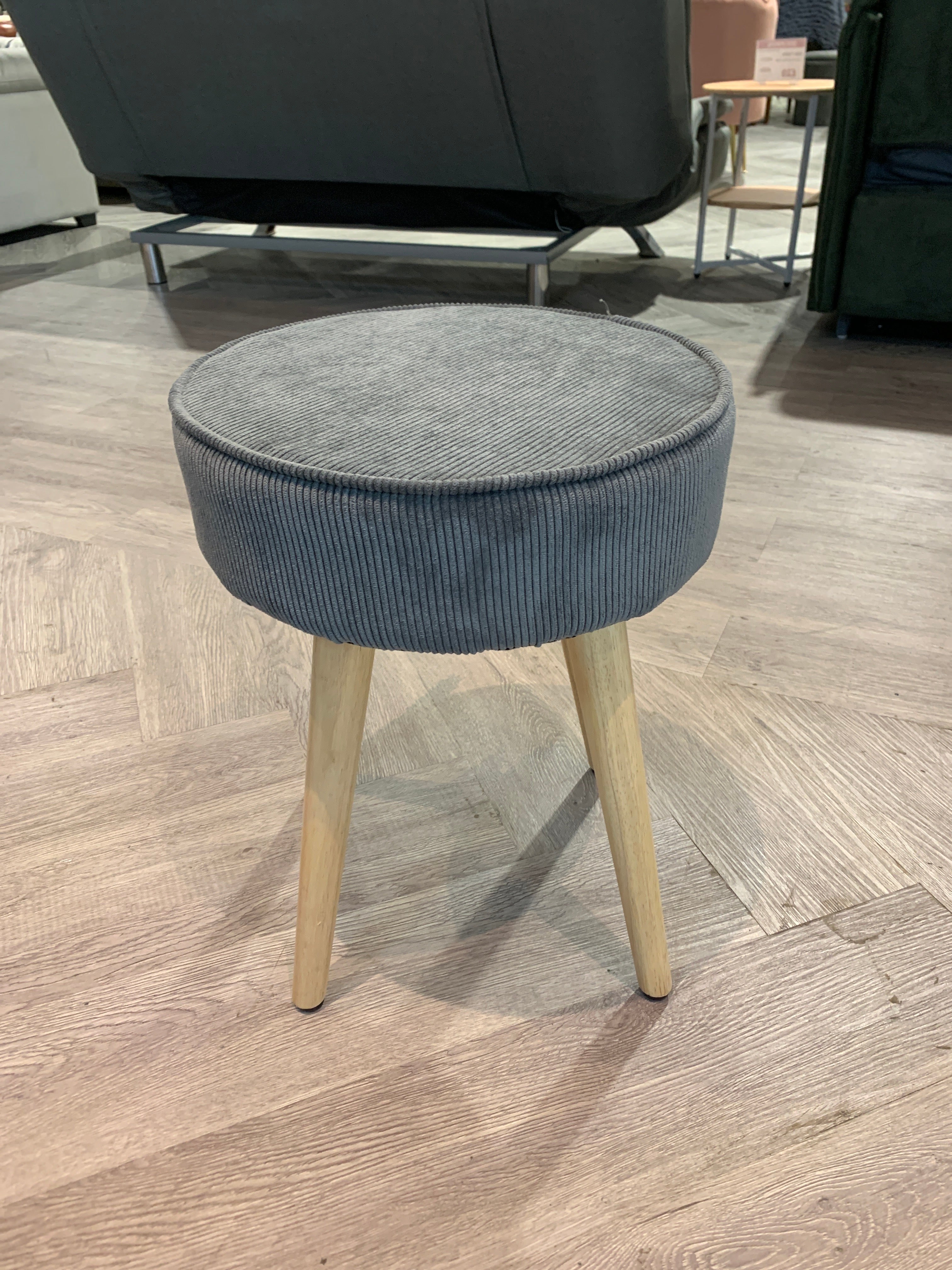 Grey Corduroy Round Dressing Table Stool with Wooden Legs Footstool