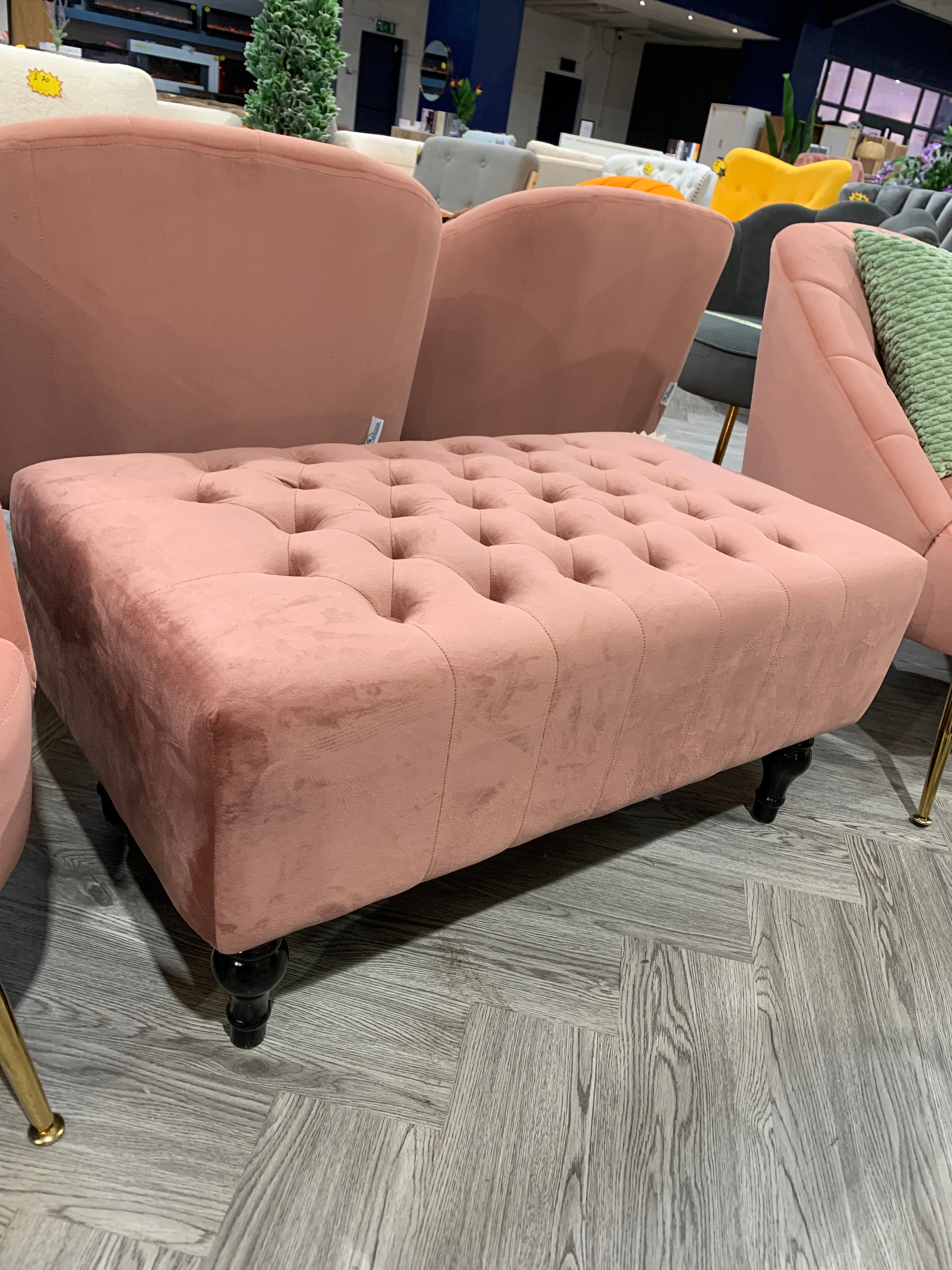 Pink Velvet Chesterfield Bench with Wooden Legs