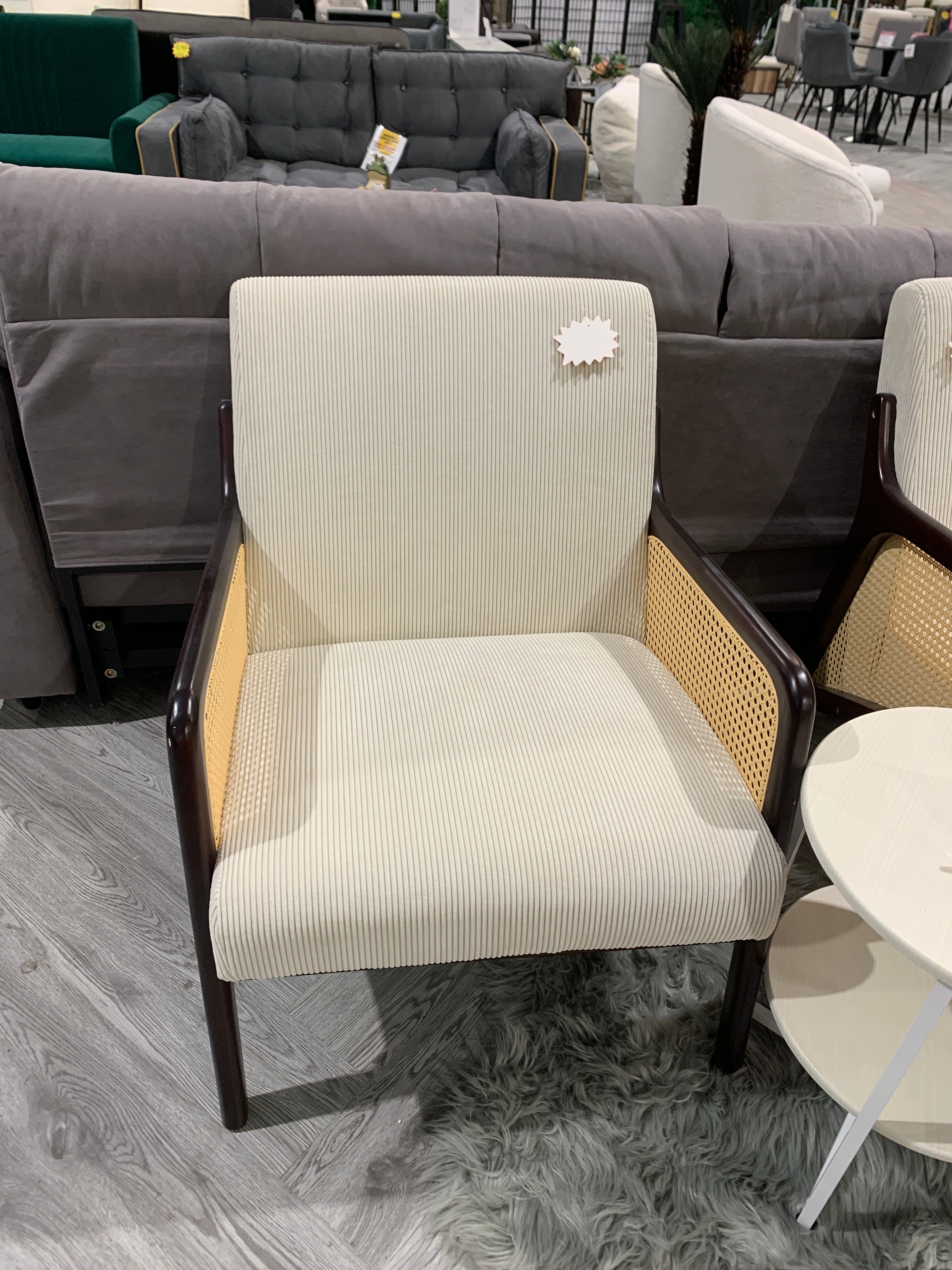 Beige Corduroy Armchair with Rattan Armrest