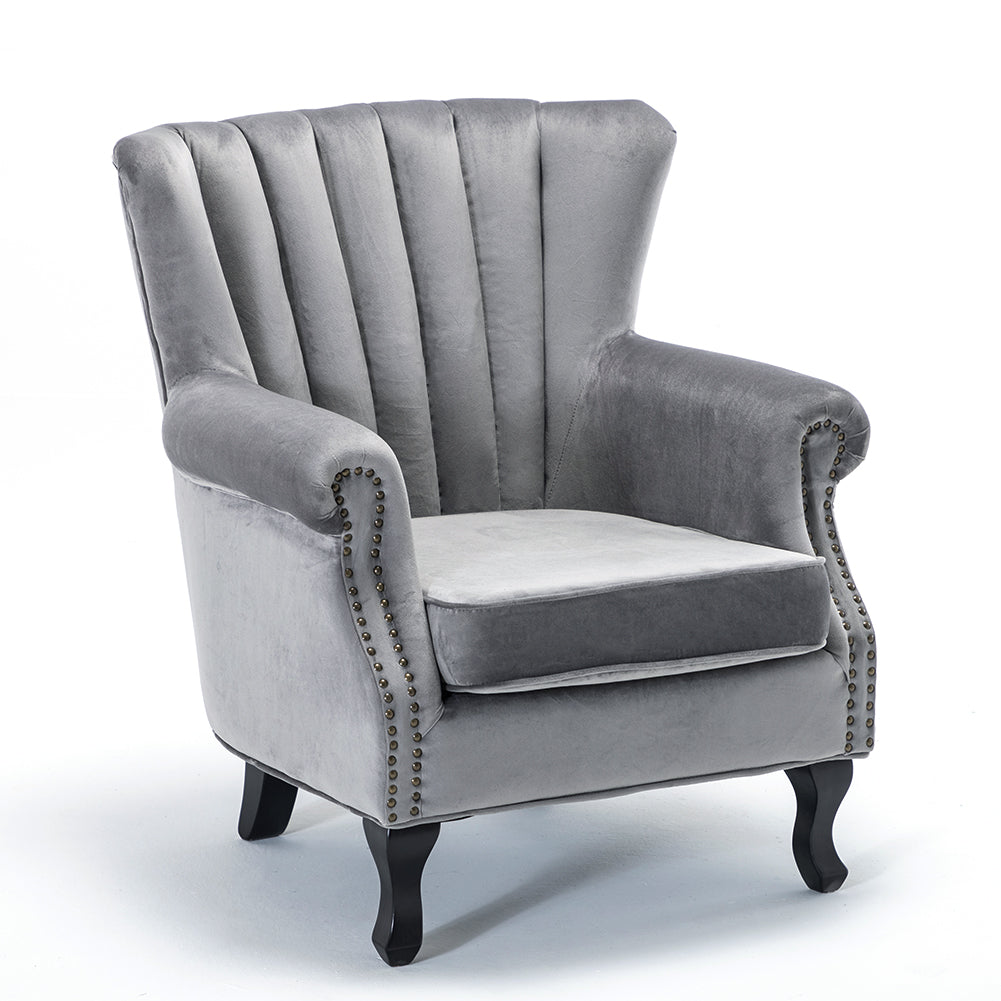 New Grey Vintage Velvet Upholstered Wing Back Armchair with Studs