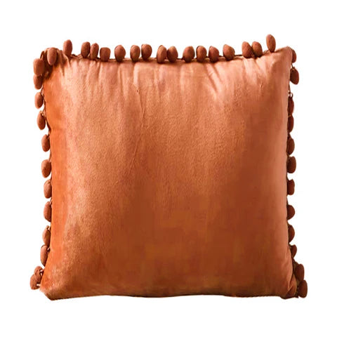 Orange Cushion with Cute Pom Poms Ball Fringe