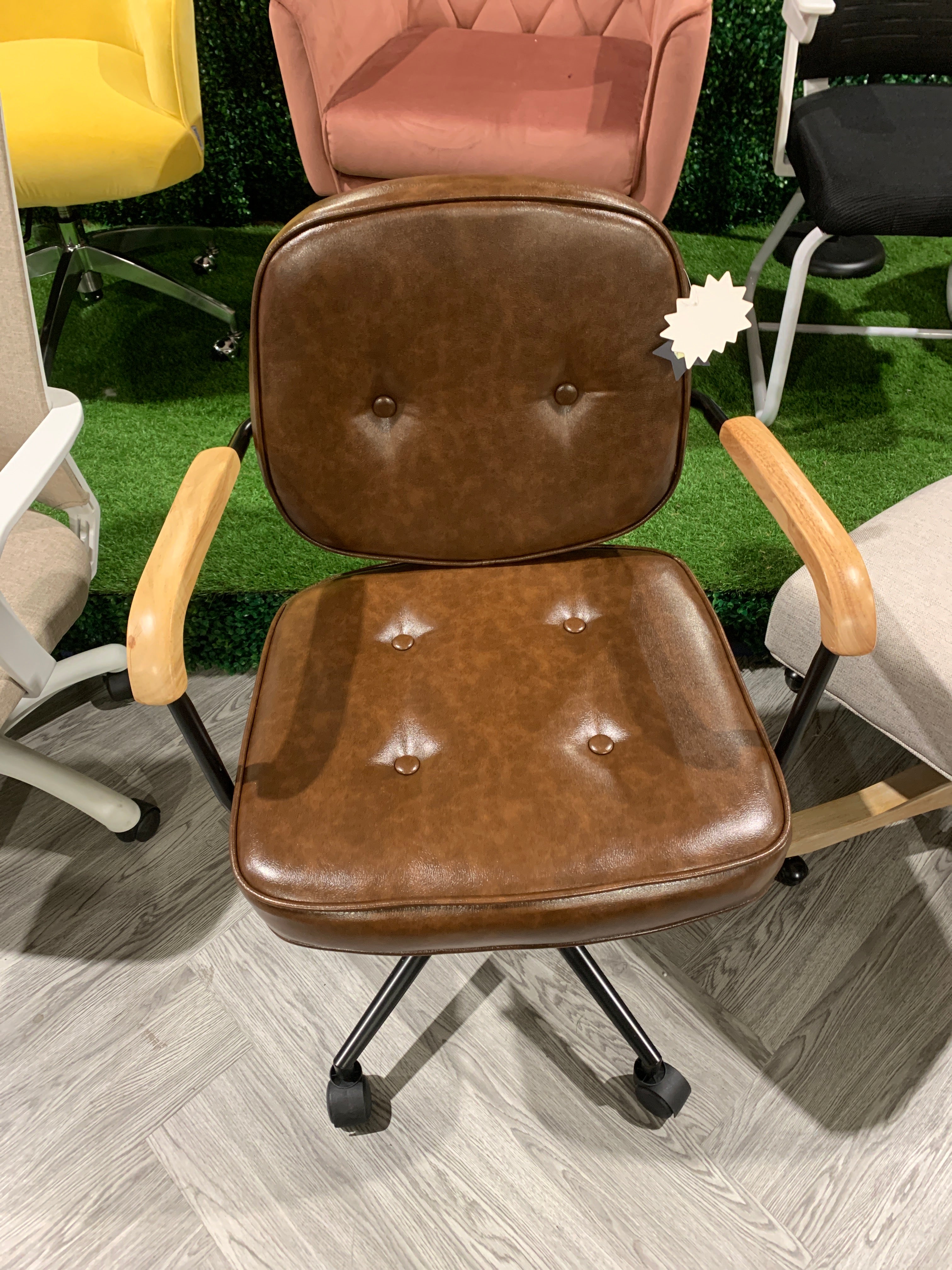 Brown Faux Leather Office Chair with Armrests and Gas Lift