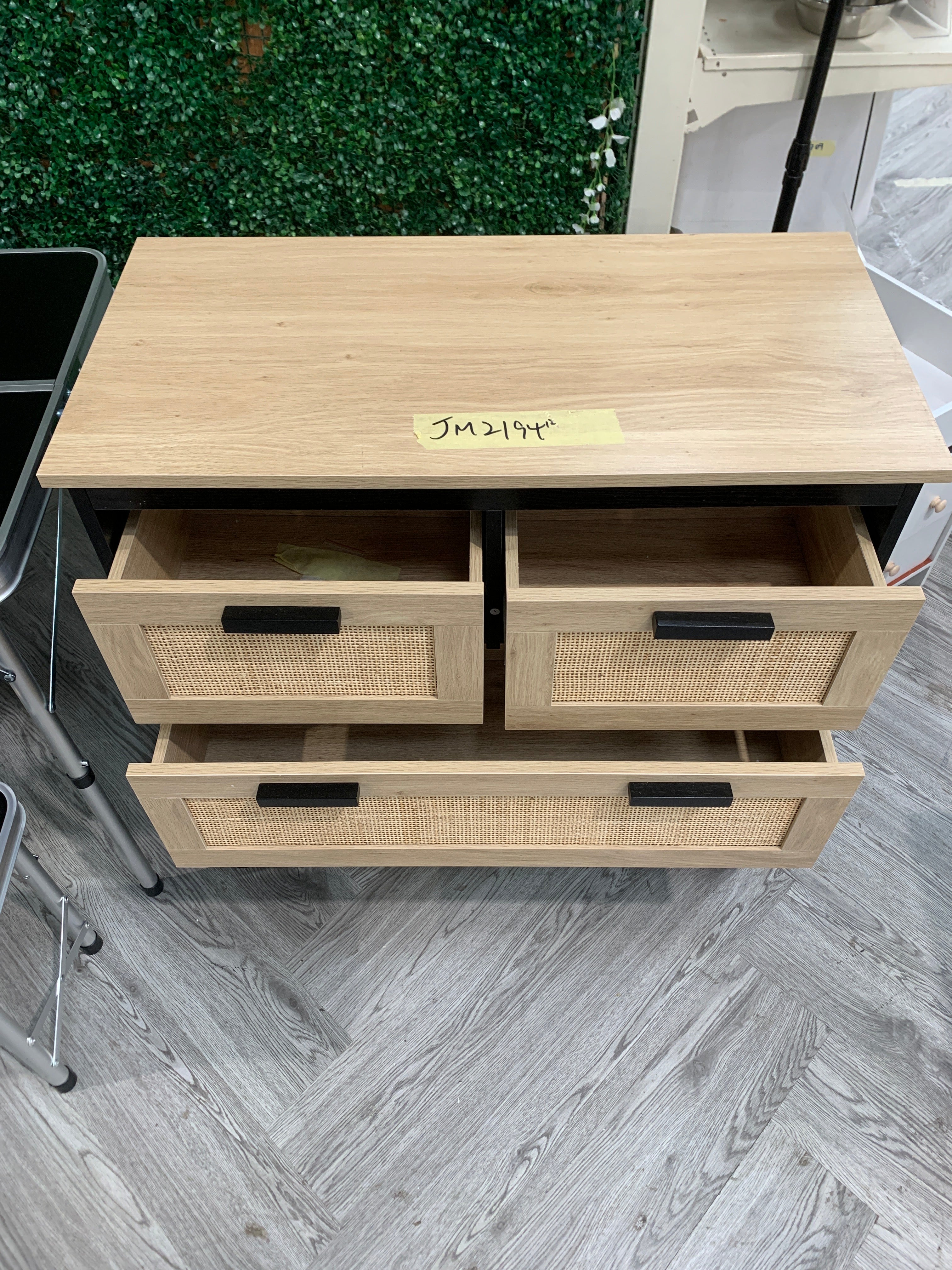 Wooden Storage Cabinet with Rattan Drawer Console Table